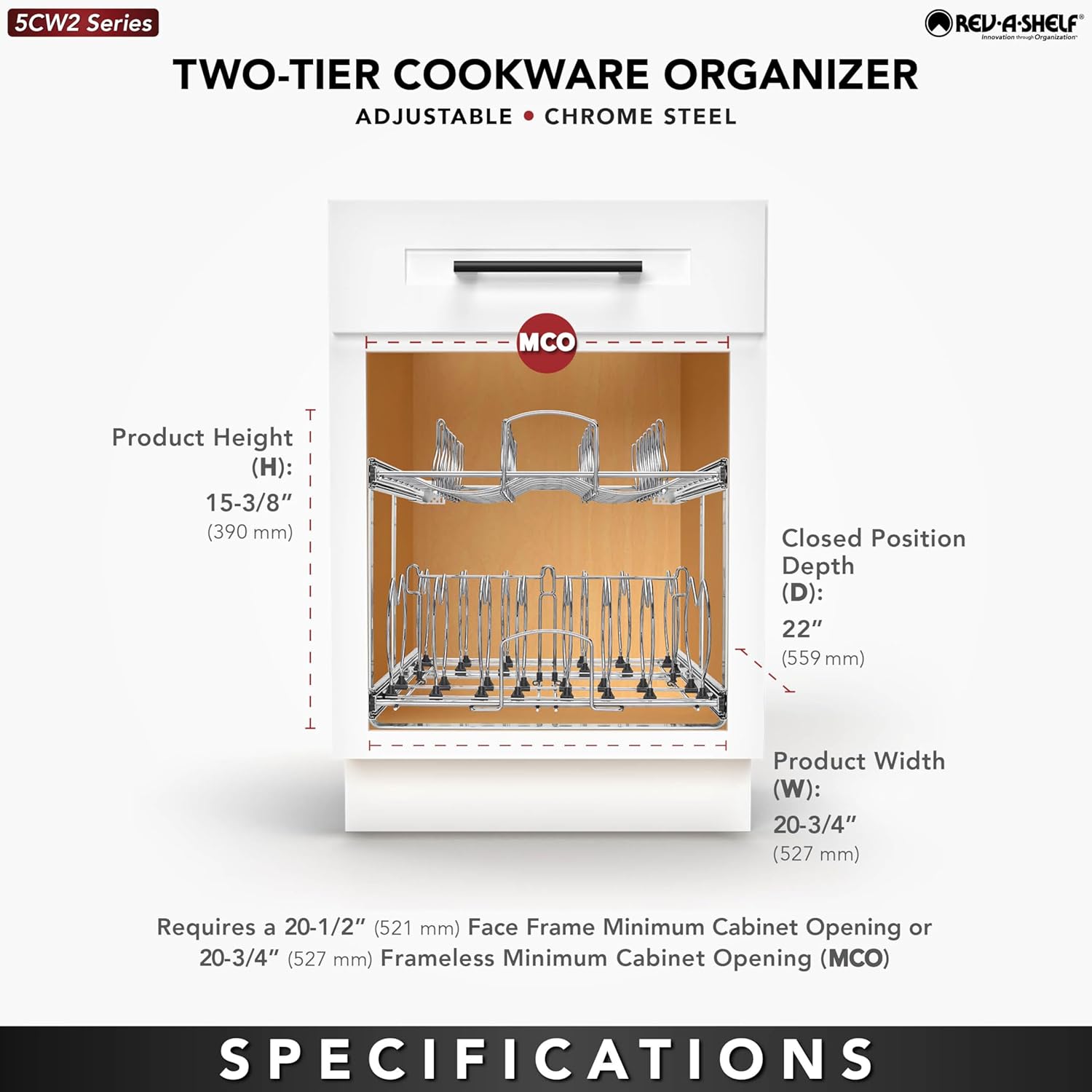 Rev-A-Shelf 2-Tier Kitchen Cabinet Pullout 20.75inch Cabinet Organizer for Pots, Pans, and Lid Cookware, Adjustable Heavy Duty Wire, Chrome, 5CW2-2122-CR