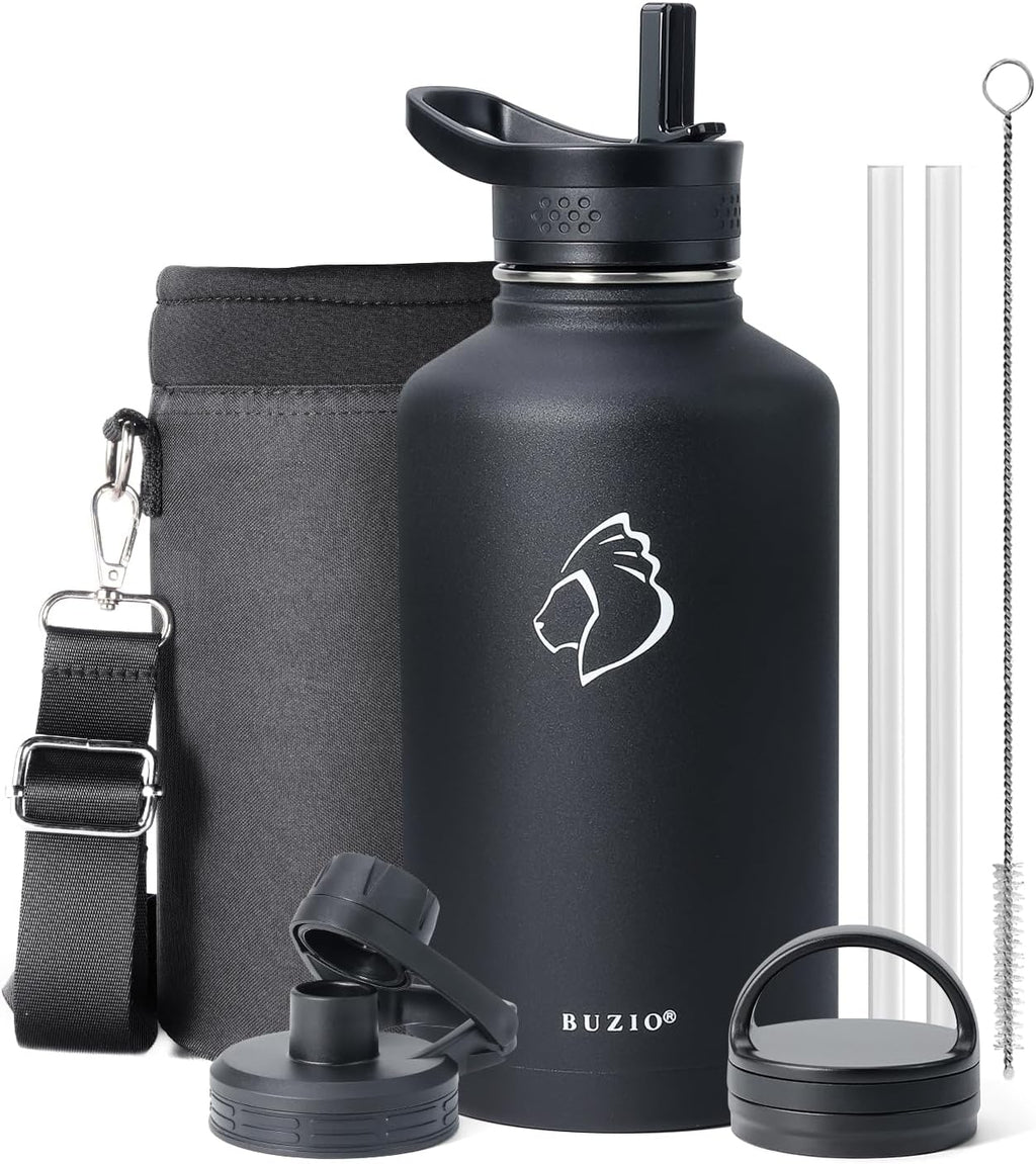 64 oz Water Bottle Insulated with Straw 3 lid and Carrying Pouch, Leak Proof Half Gallon Stainless Steel Water Flask Jug, Cold for 48 Hrs Double Vacuum Thermo Canteen, BPA-Free, Black