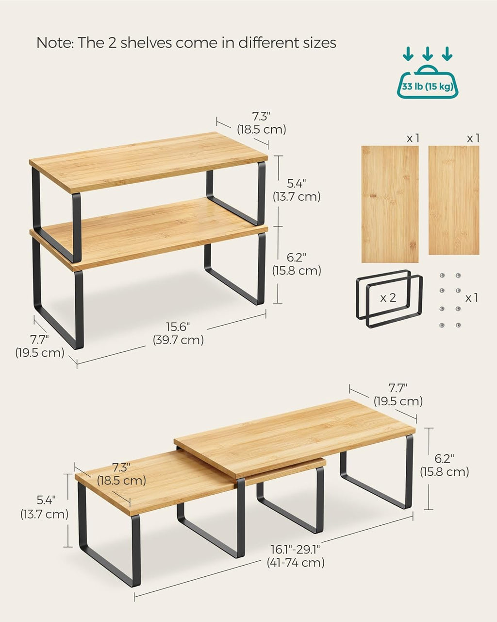 Cabinet Organizer Shelf, Set of 4 Kitchen Counter Shelves, Kitchen Storage, Spice Rack, Stackable, Expandable, Metal and Engineered Wood, Ink Black and Natural Beige UKCS210B01
