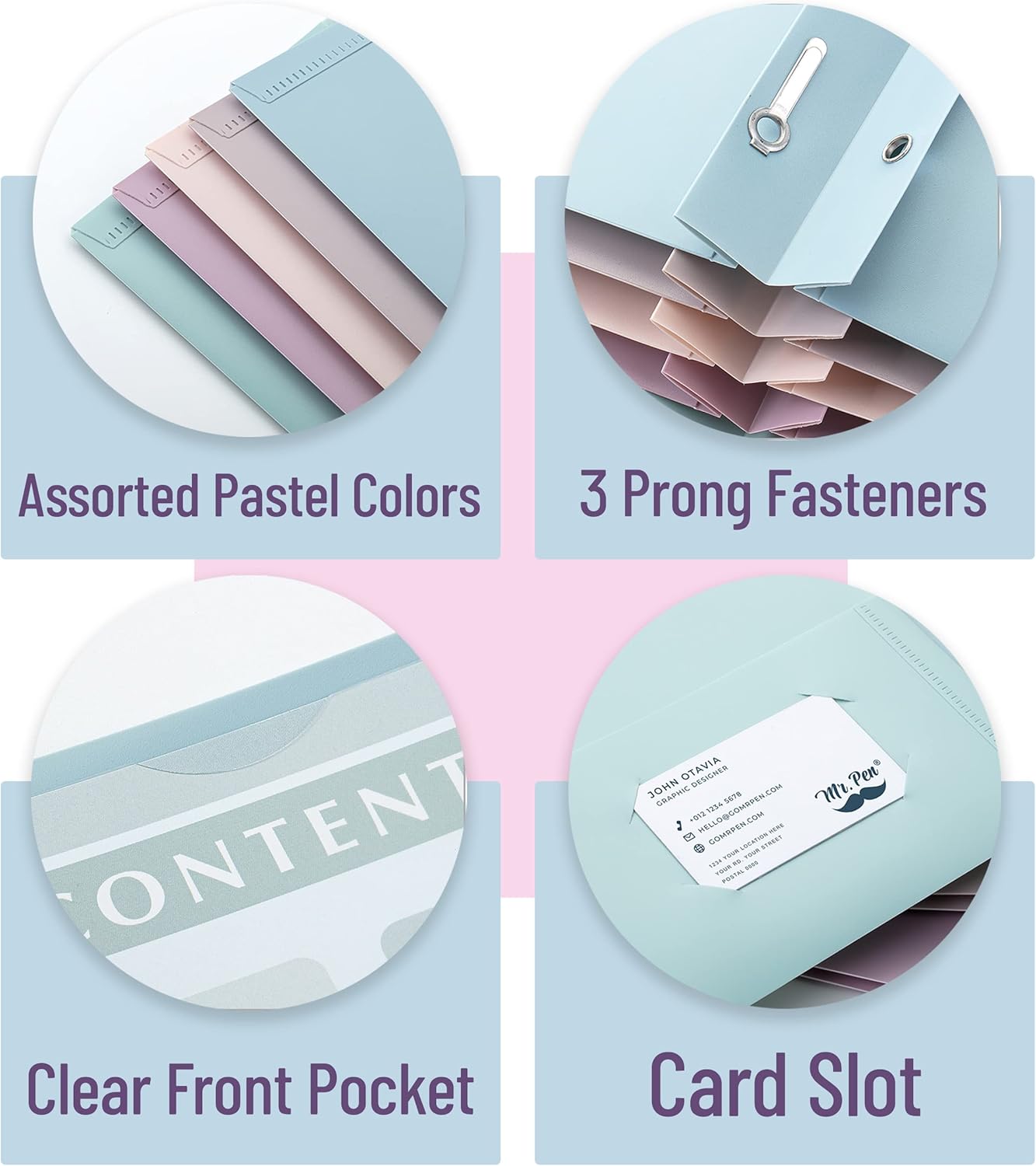 Mr. Pen- Plastic Folders with Clear Front Pocket, 5 pcs, Pastel Colors, File Folders with Fasteners for Documents