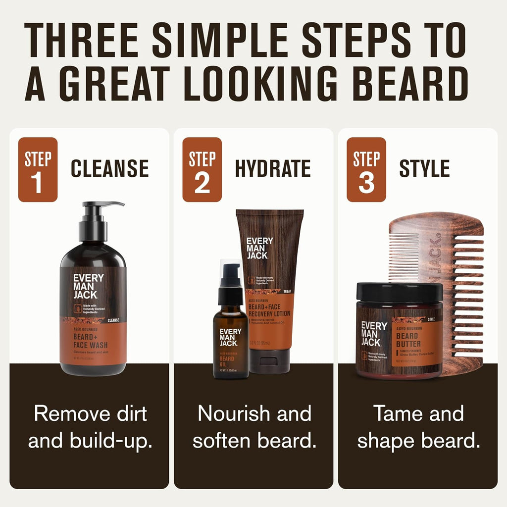 Every Man Jack Beard Essentials Gift Set for Men ¨C Complete Routine with 5 Full-Size Products ¨C Aged Bourbon Scent - Beard & Face Wash, Lotion, Oil, Butter & Comb