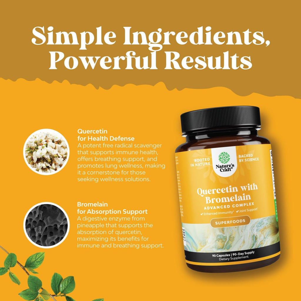 Pure Quercetin with Bromelain Supplement for Immunity - High Potent Antioxidant Bromelain Quercetin Supplement for Respiratory & Heart Health Breathe & Joint Support - Nutritional Complex - 90 Count