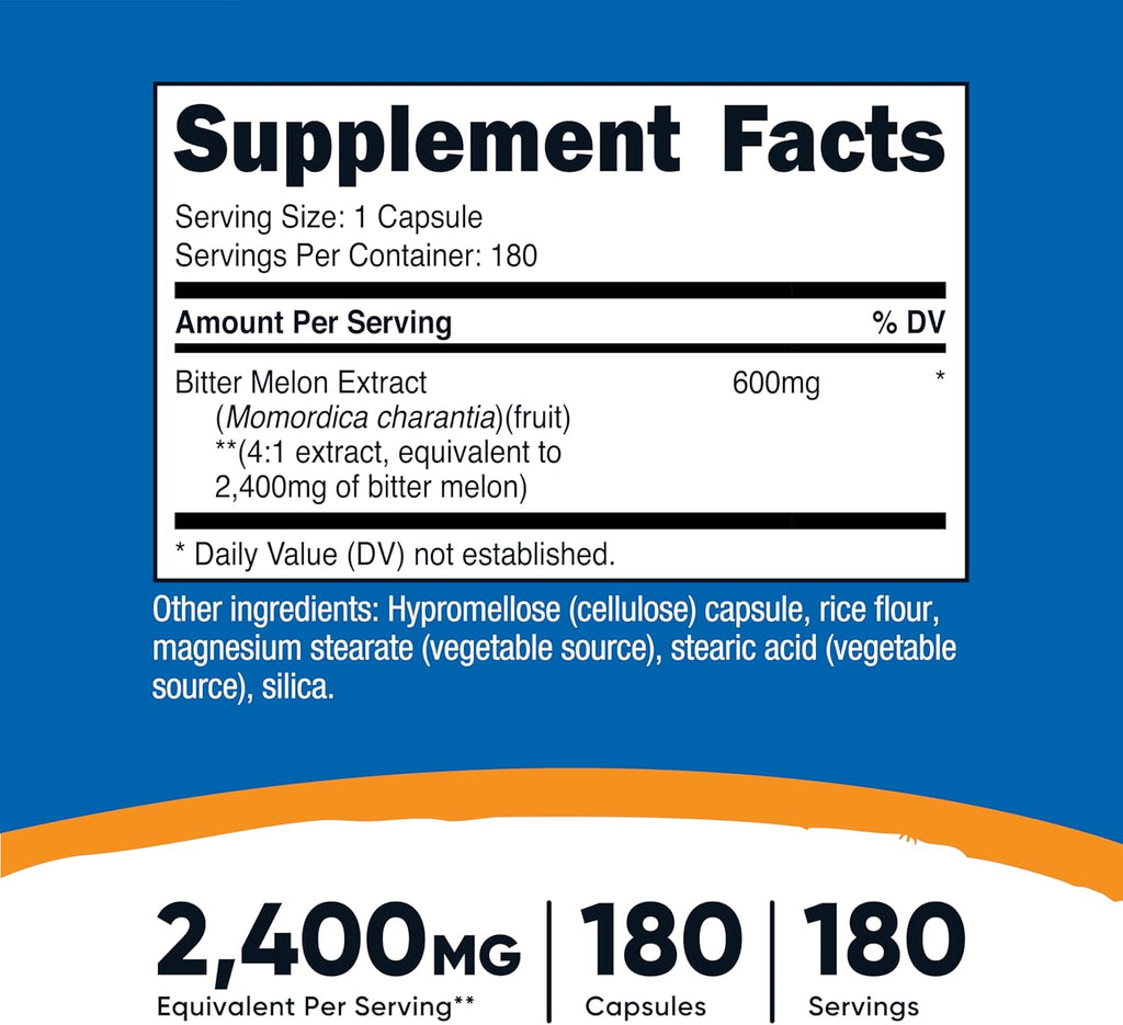 Nutricost Bitter Melon 600mg (2,400mg Equivalent), 180 Capsules - Gluten Free, Non-GMO