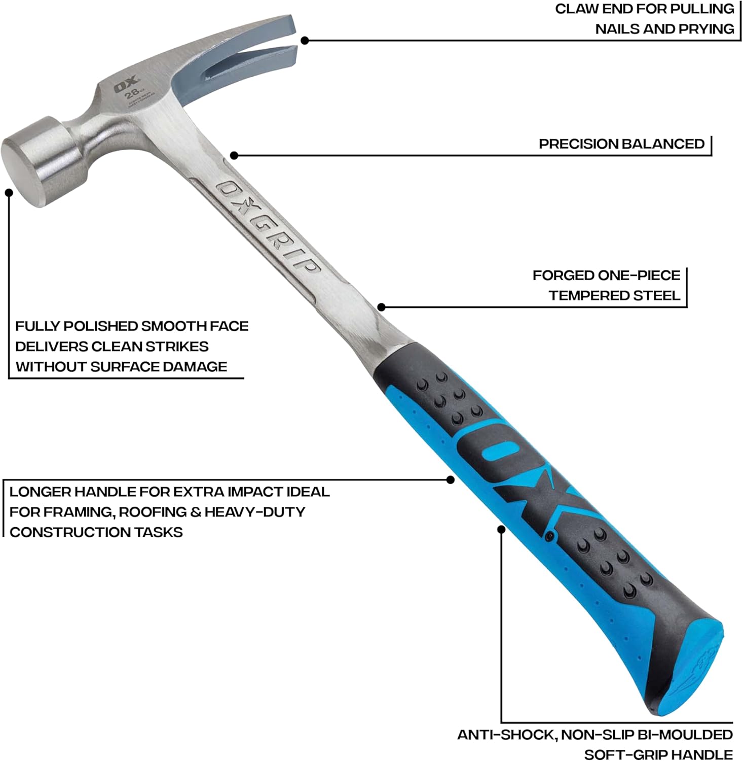 Ox Tools P082322 22 oz. Framing Hammer, Smooth Face, Long Shock Reduction Handle, Straight Rip Claw, Non-Slip Grip