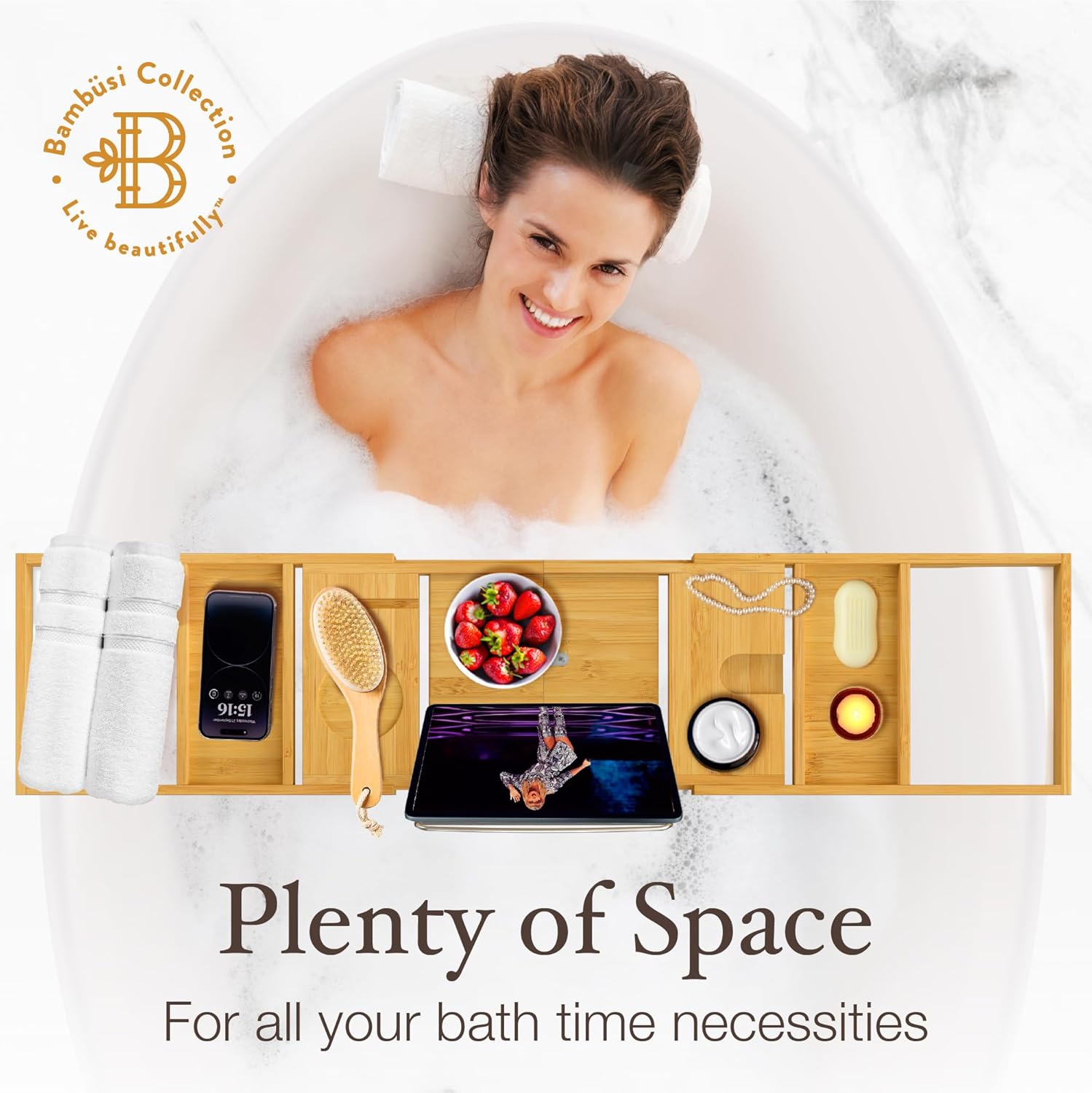Wooden Bathtub Tray - Foldable Expandable Bamboo Bath Tray for Tub with Wine Holder, Book Tablet Stand - Bath Caddy for Bathtub, Spa Bath Accessories for Women, Tub Tray Table, Gift for Her or Him