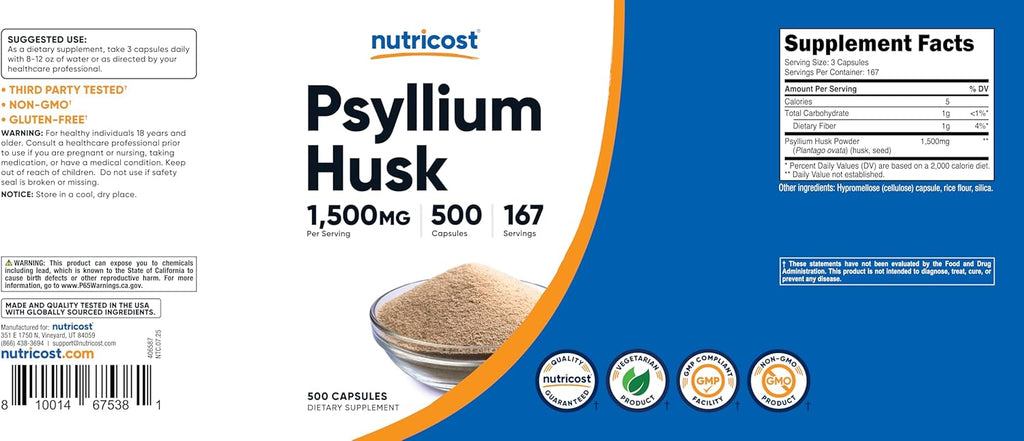 Nutricost Psyllium Husk 1500mg Per Serving, 500 Capsules - Non-GMO Gluten Free