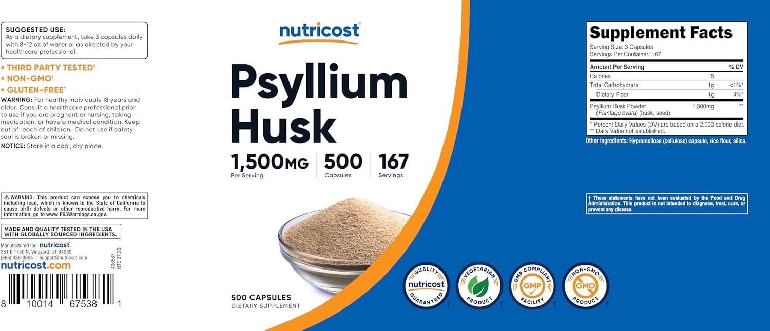 Nutricost Psyllium Husk 1500mg Per Serving, 500 Capsules - Non-GMO Gluten Free