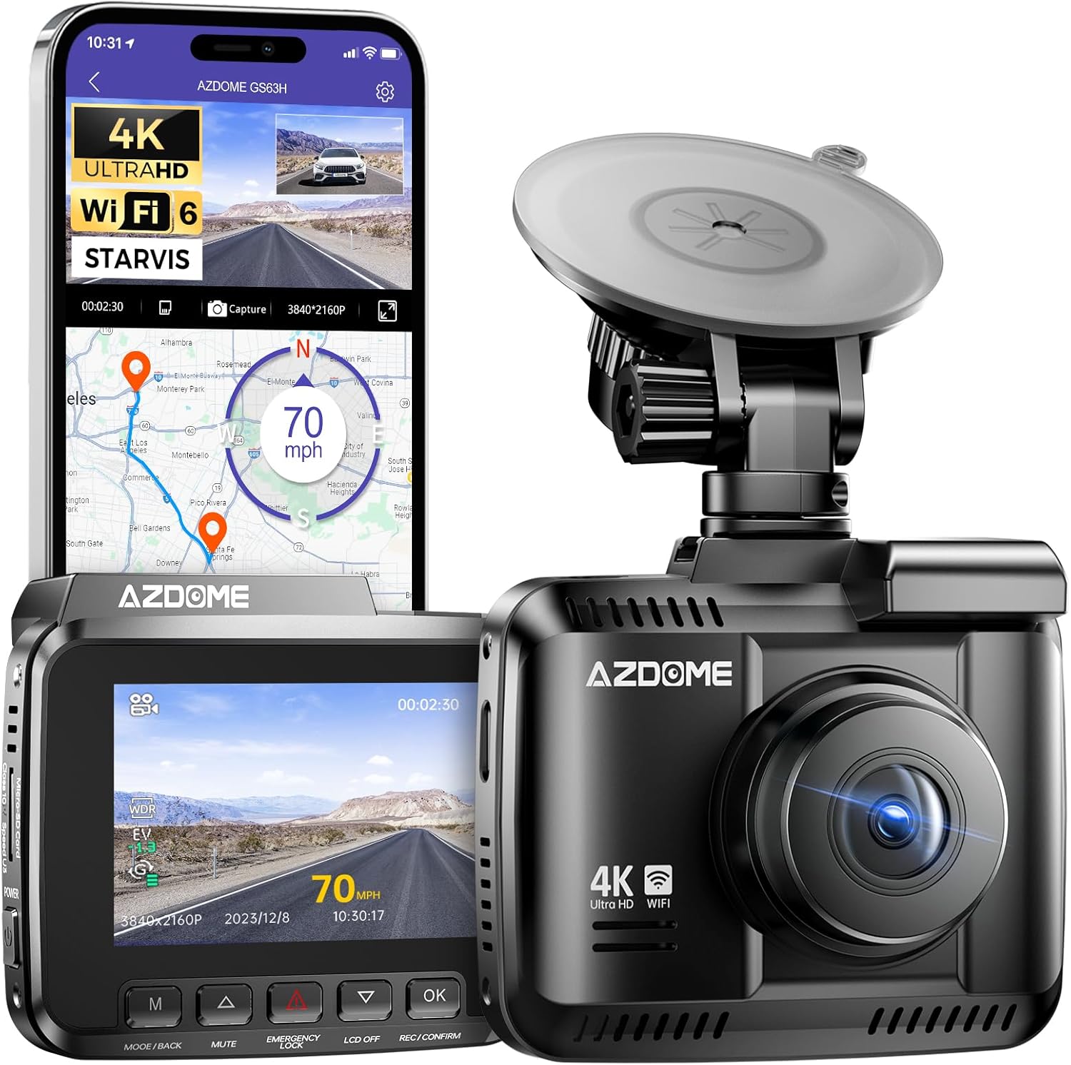 AZDOME GS63H 4K Dash Cam Built-in WiFi 6 GPS Car Dashboard Camera Recorder with STARVIS Night Vision, UHD 2160P, 150¡ã Wide Angle, WDR, G-Sensor, Loop Recording, 24H Parking Mode