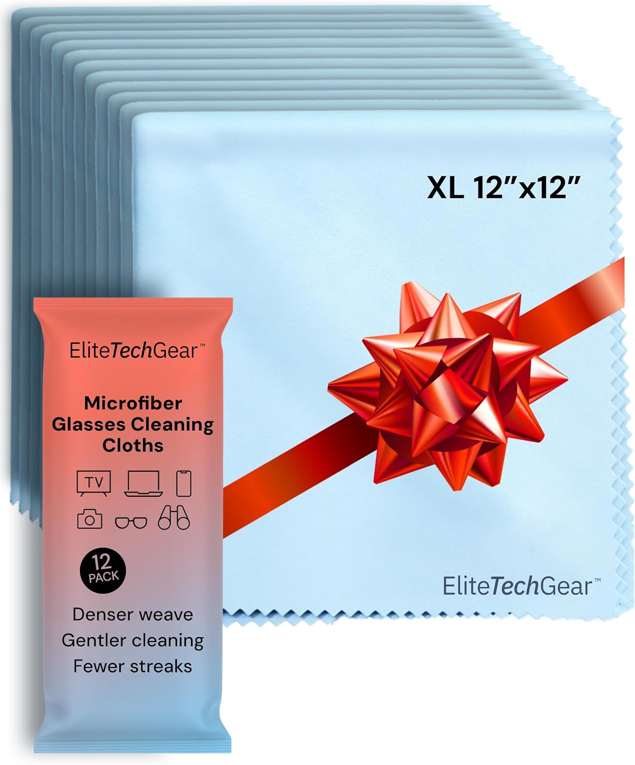 Elite Screens Microfiber Cleaning Cloth - 12-Pack, 12inch x 12inch, Blue - Oversized Eyeglass Cleaning Cloth - Quick-Dry Reusable Glasses Wipes - Portable Pocket Lens Wipes