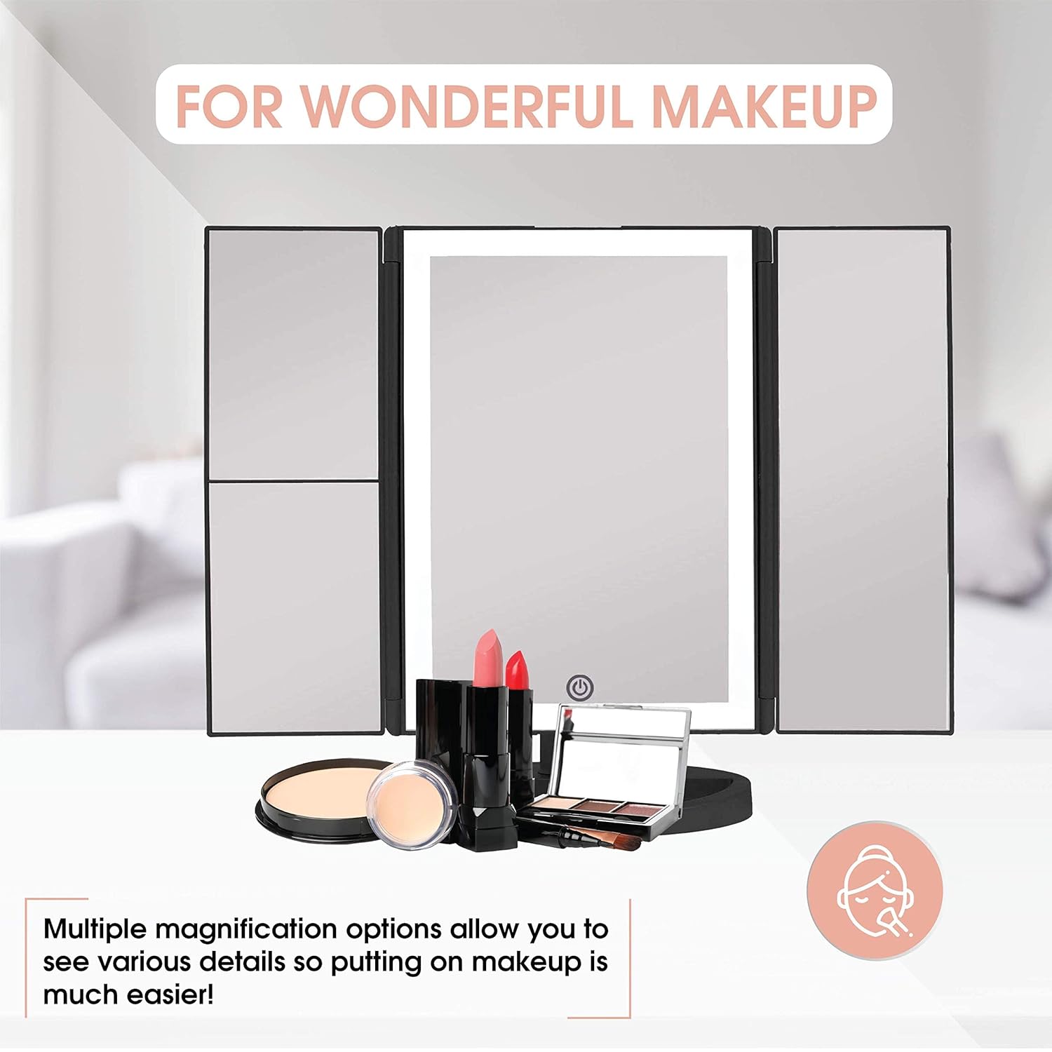 Beautywork Backli Makeu Vanit Mirro 3 LE Light Touch-Scree Ligh Control Tri-Fol 1/2/3 Magnification Portabl High-Definitio Cosmeti Magnifyin Persona Makeu Mirror (Midnigh Black)