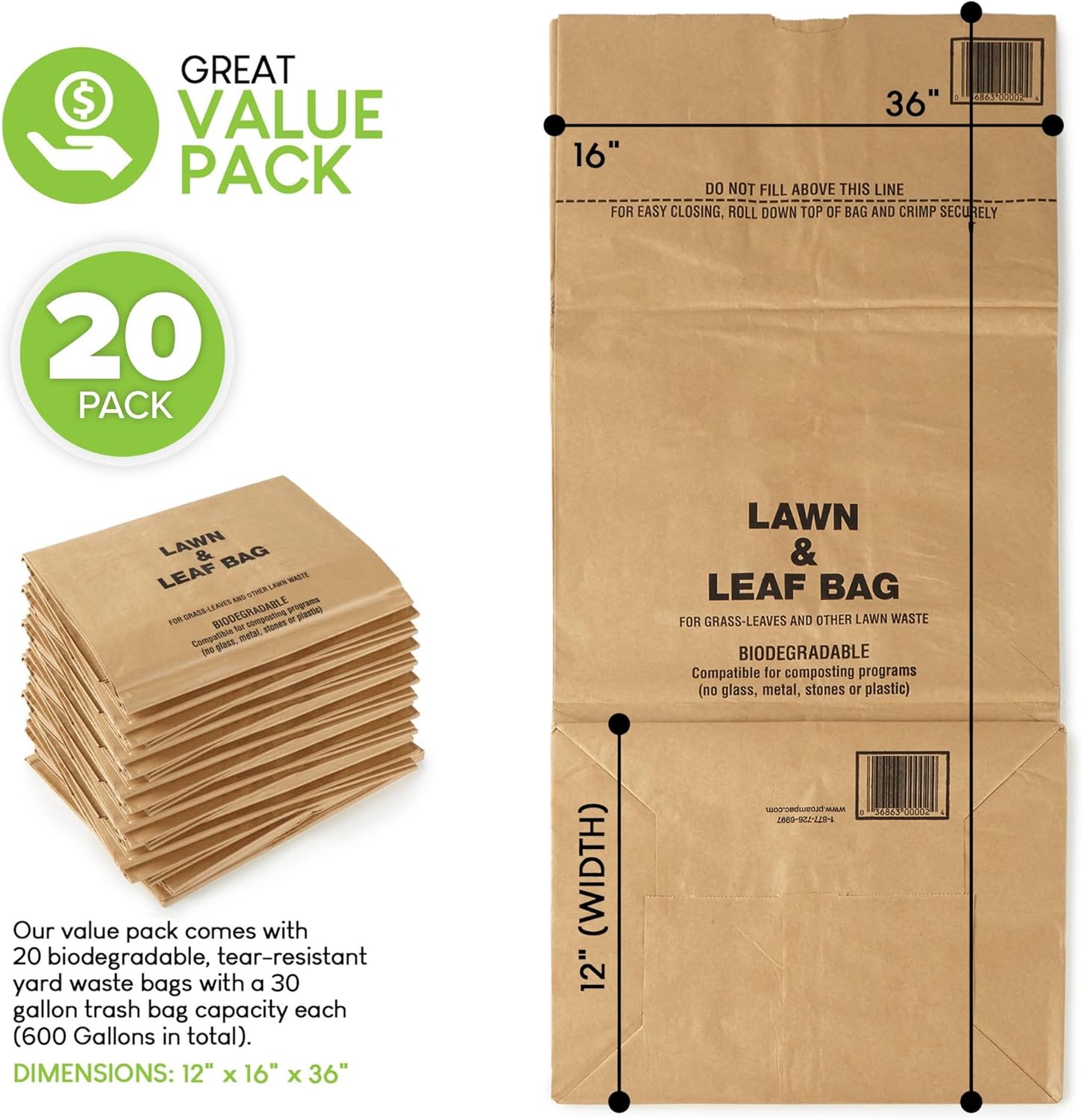 30 Gallon Kraft Lawn and Leaf Bags (20 Pack) Eco-Friendly Heavy Duty Large Paper Trash Bags, Tear Resistant Yard Waste Bags for Grass Clippings, Wet and Dry Leaves, Weeds, Twigs