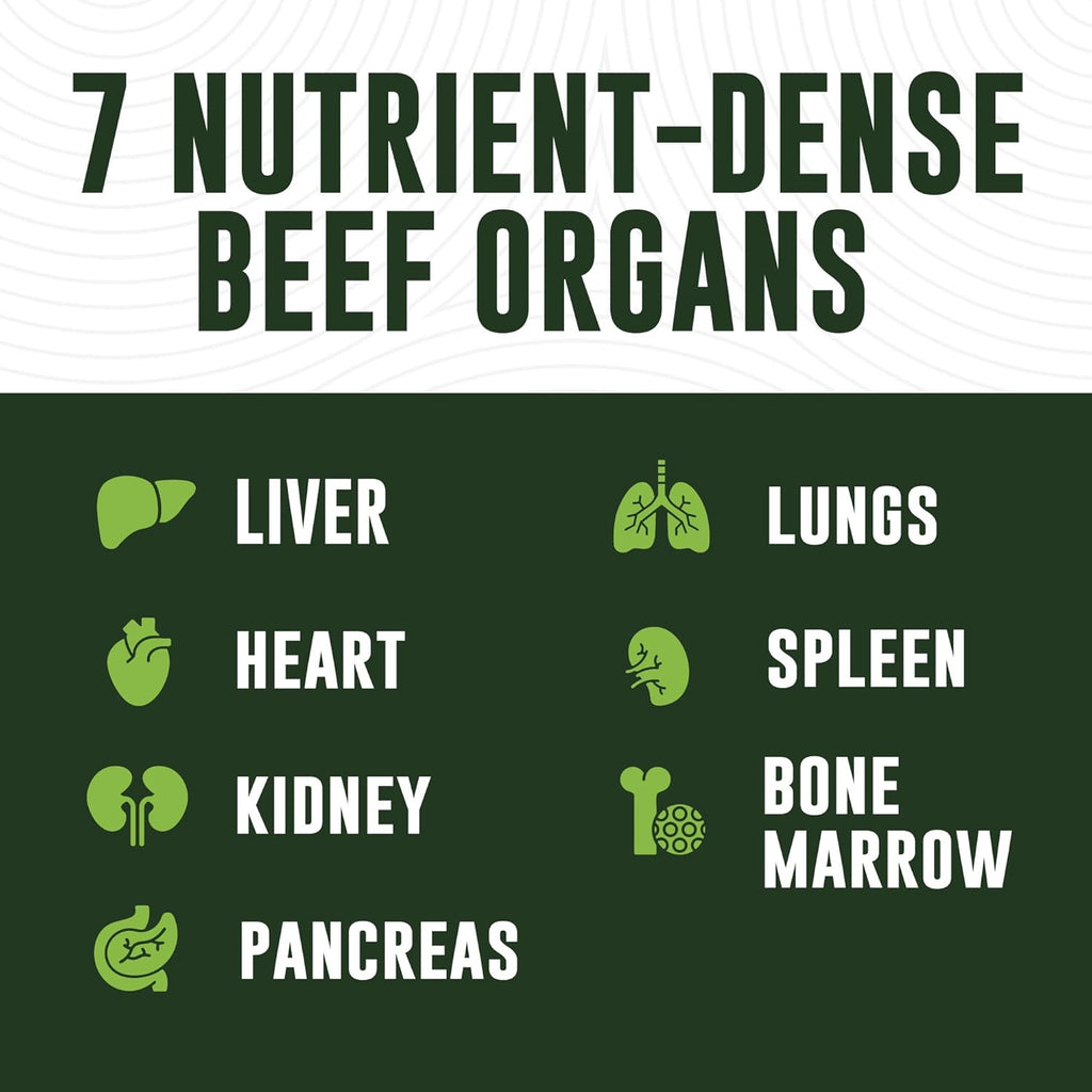 Beef Organ Supplement Grass Fed - 7 Beef Organs Complex from New Zealand - Liver Heart Pancreas Kidney Lung Spleen Bone Marrow - Non-GMO, No Fillers, Hormone & Antibiotic Free - Carnivore Diet - 180ct
