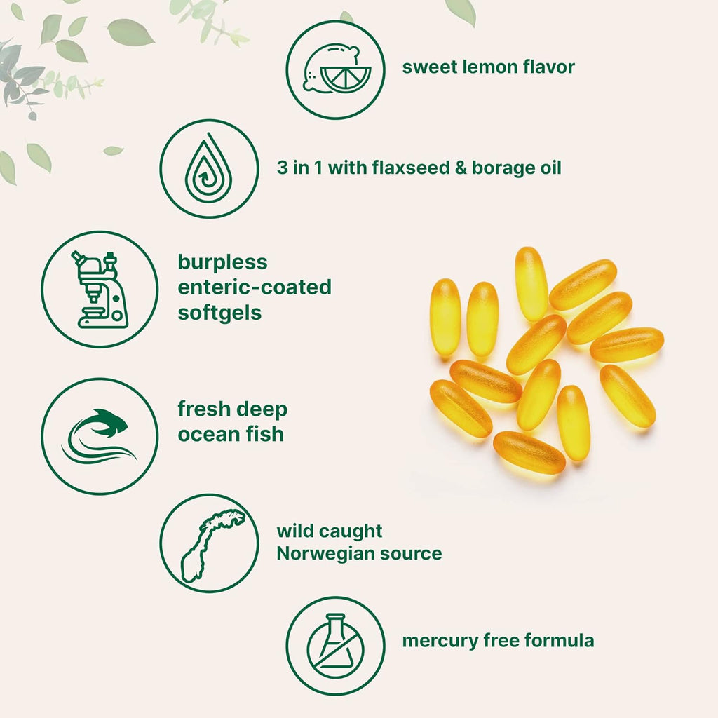 Ultr Omeg 3-6- 3600m Pe Serving 30 Burples Softgel Lemo Flavo Blen o Fish Flaxseed Borag Oil Bioavailabl Source Non-GMO N Gluten Mercur Free