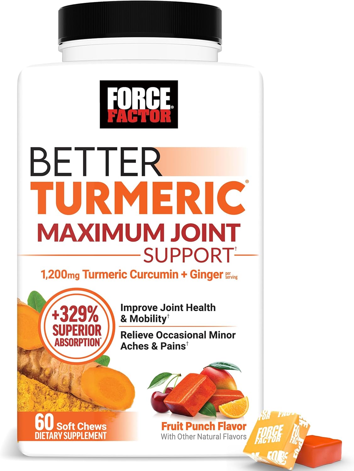 Force Factor Better Turmeric Maximum Joint Support, 1075mg Curcumin with Ginger to Support Mobility, Flexibility Comfort, Chews More Convenient Than Turmeric Gummies, Fruit Punch, 60 Soft Chews