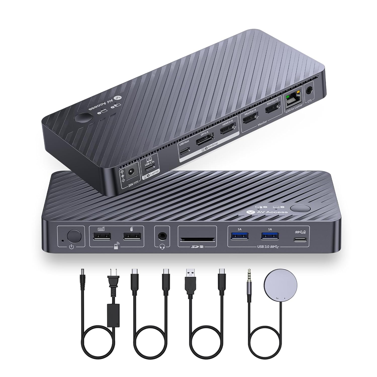 AV Access Docking Station Dual Monitor for Laptop & Desktop, KVM Switch 2 Monitors 2 Computers with Ethernet, EDID, 4K@60Hz Dual Display, 4xUSB-A, 1xUSB-C, Power Supply for Laptop, Audio, SD