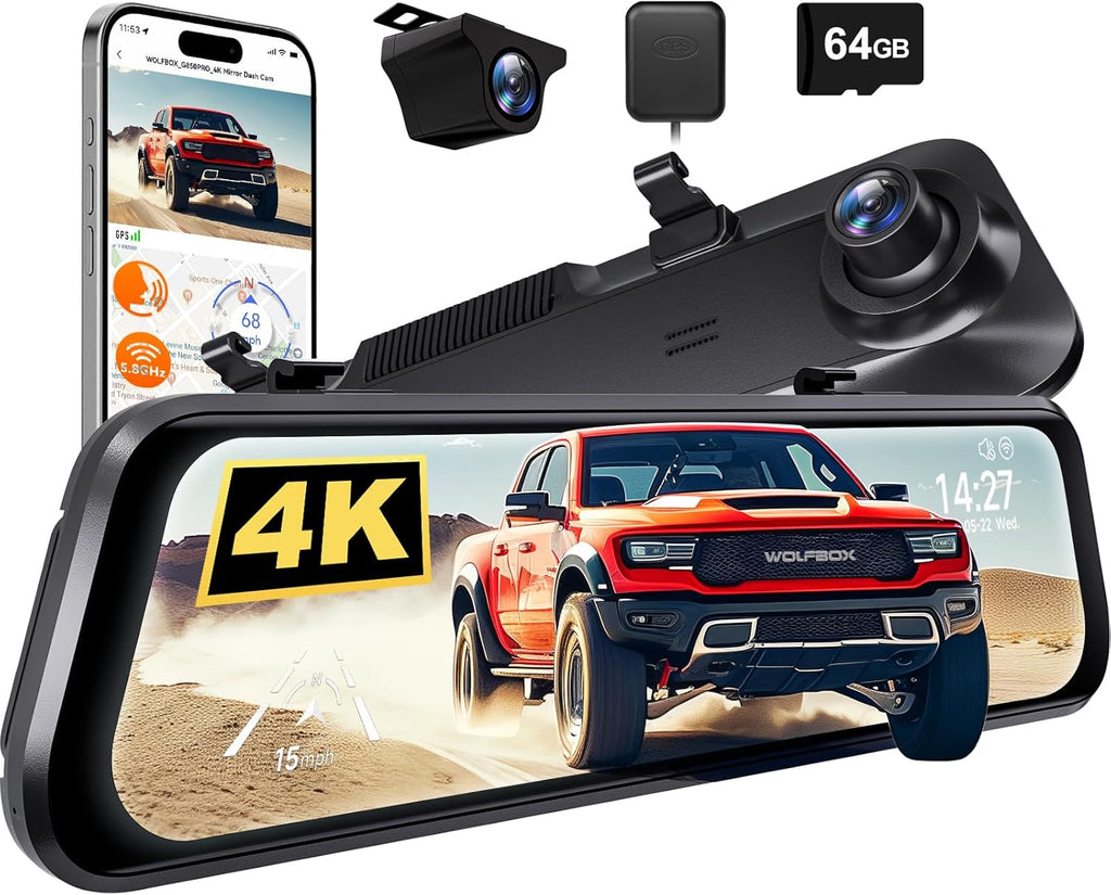 WOLFBO G85 PR 4 Mirro Das Ca wit ADA an BSD Smar Rea Vie Mirro wit 5.8GH WiFi Voic Control 1 inche Camer Include 64G Card GPS G-Sensor Loo Recording