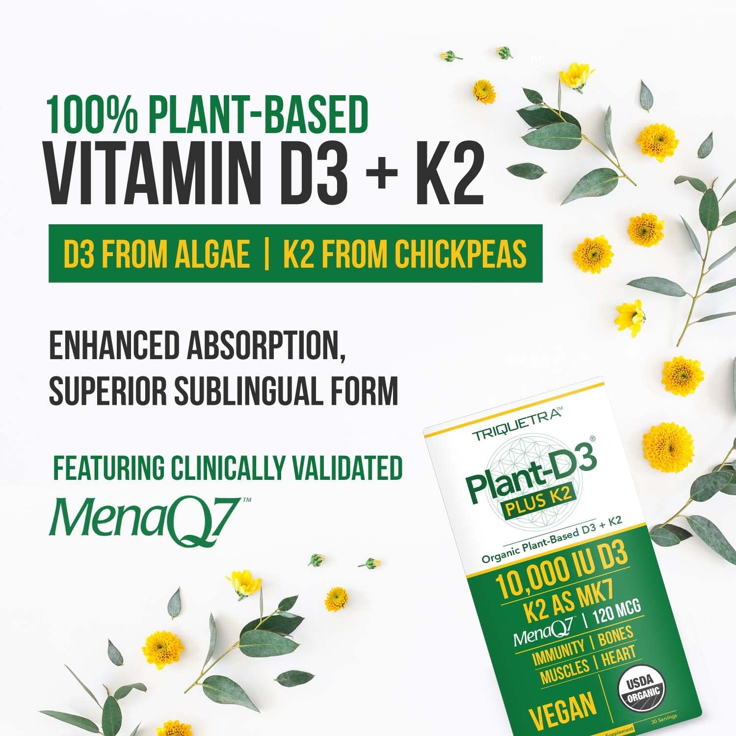 Organic Plant D3 + K2 - 10,000 iu - All-Trans MK7 from MenaQ7 (120 mcg K2)100% Organic & Plant-Based Sublingual D3 Drops (Cholecalciferol), 100% Vegan - Supports Immunity, Bone, Mood & Brain (2 Pack)