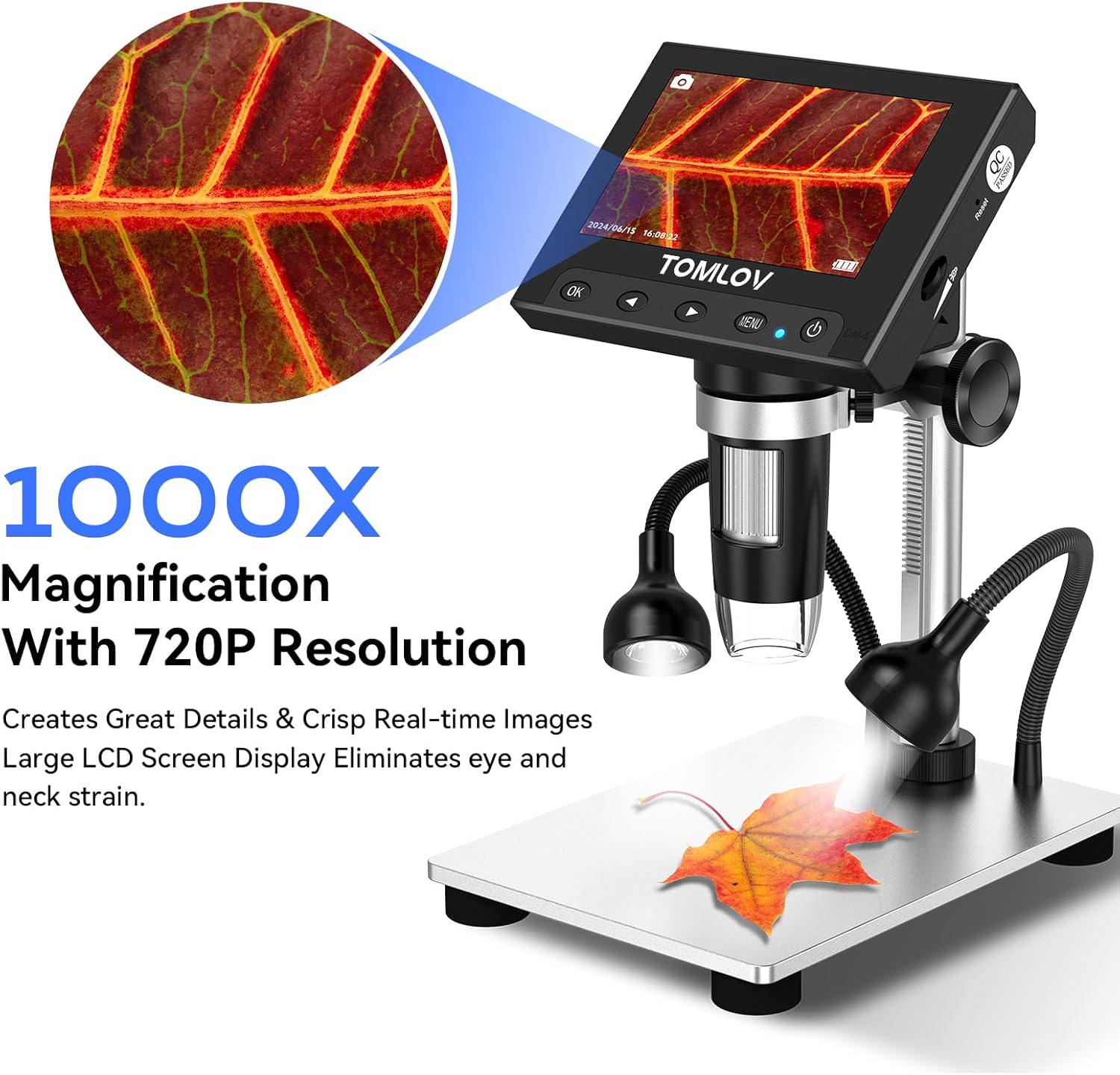 TOMLO 1000 Coi Microscop wit 4.3inc Screen Digita Microscop Magnifie wit LE Lights Meta Stand P View Photo/Video 32G S Card Windows macO Compatible DM4S