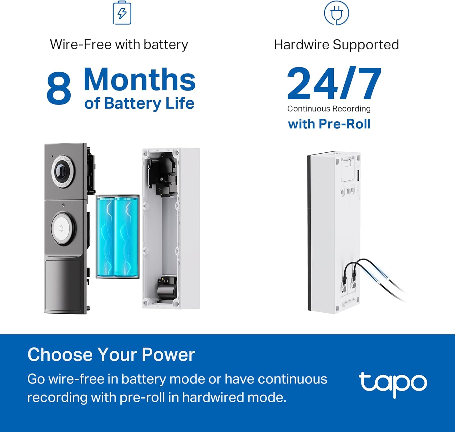 Tapo by TP-Link Smart Video Doorbell Camera with Chime, Battery or Wired, 2K QHD Color Night Vison, No Monthly Fee, 180¡ã Ultra-Wide Head-to-Toe View, Ring Call, Free AI Detection, Local Storage (D225)