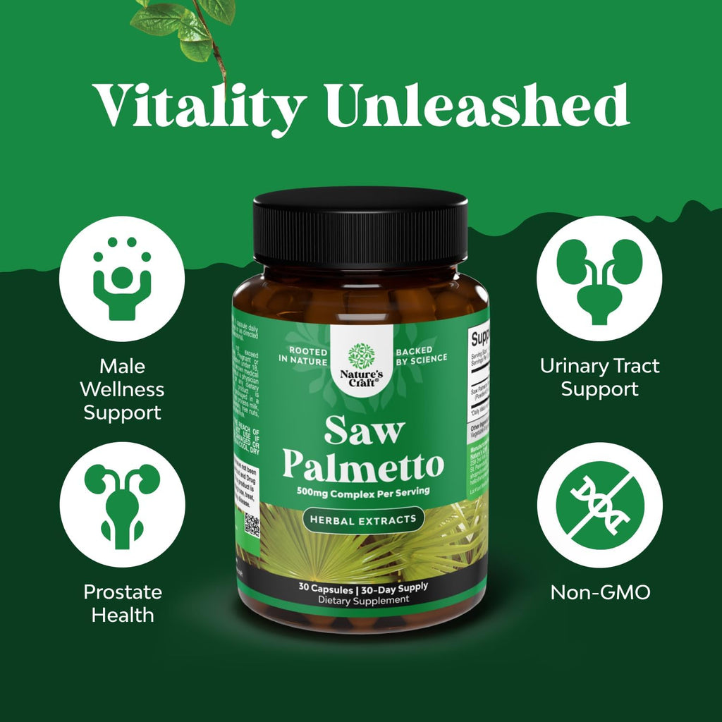 Extra Strength Saw Palmetto Extract - Advanced Herbal Complex for Hair Health and Urinary Support with Plant Sterols Flavonoids - Potent Herbal Supplement with 500mg per Serving - 30 Capsules