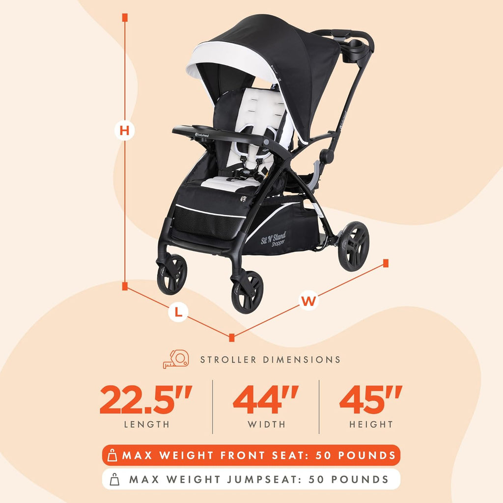 Baby Trend Sit N' Stand 5-in-1 Collapsible Shopper Stroller with Canopy, Visor, Extendable Storage Basket, Phone Tray, and 2 Cup Holders, Modern Khaki