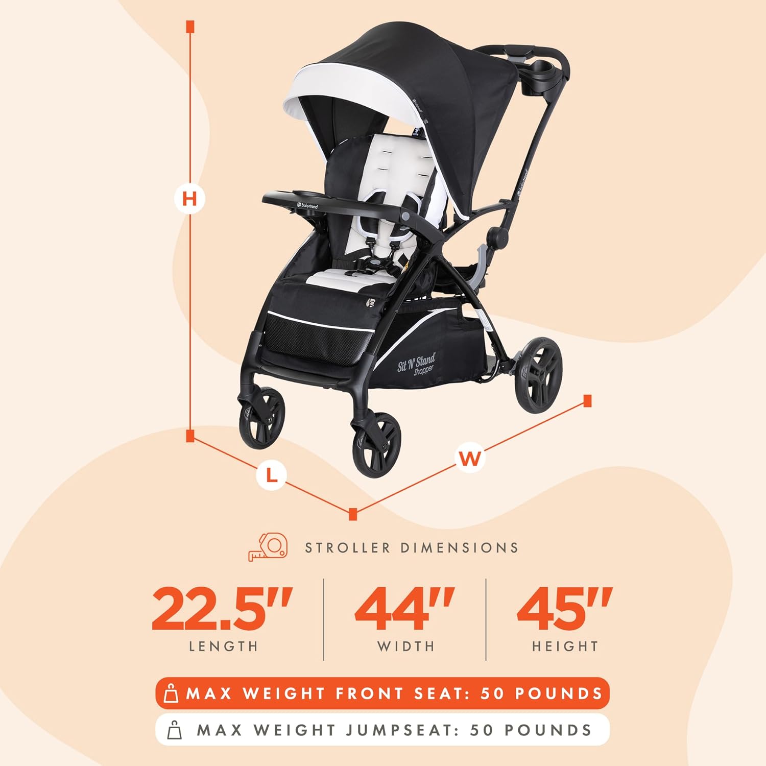 Baby Trend Sit N' Stand 5-in-1 Collapsible Shopper Stroller with Canopy, Visor, Extendable Storage Basket, Phone Tray, and 2 Cup Holders, Modern Khaki