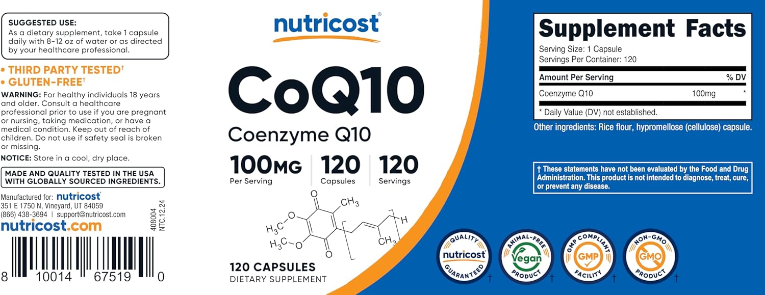 Nutricos CoQ1 100mg 12 Vegetaria Capsules 12 Serving Hig Absorption Vegetarian Non-GMO Coenzym Q10