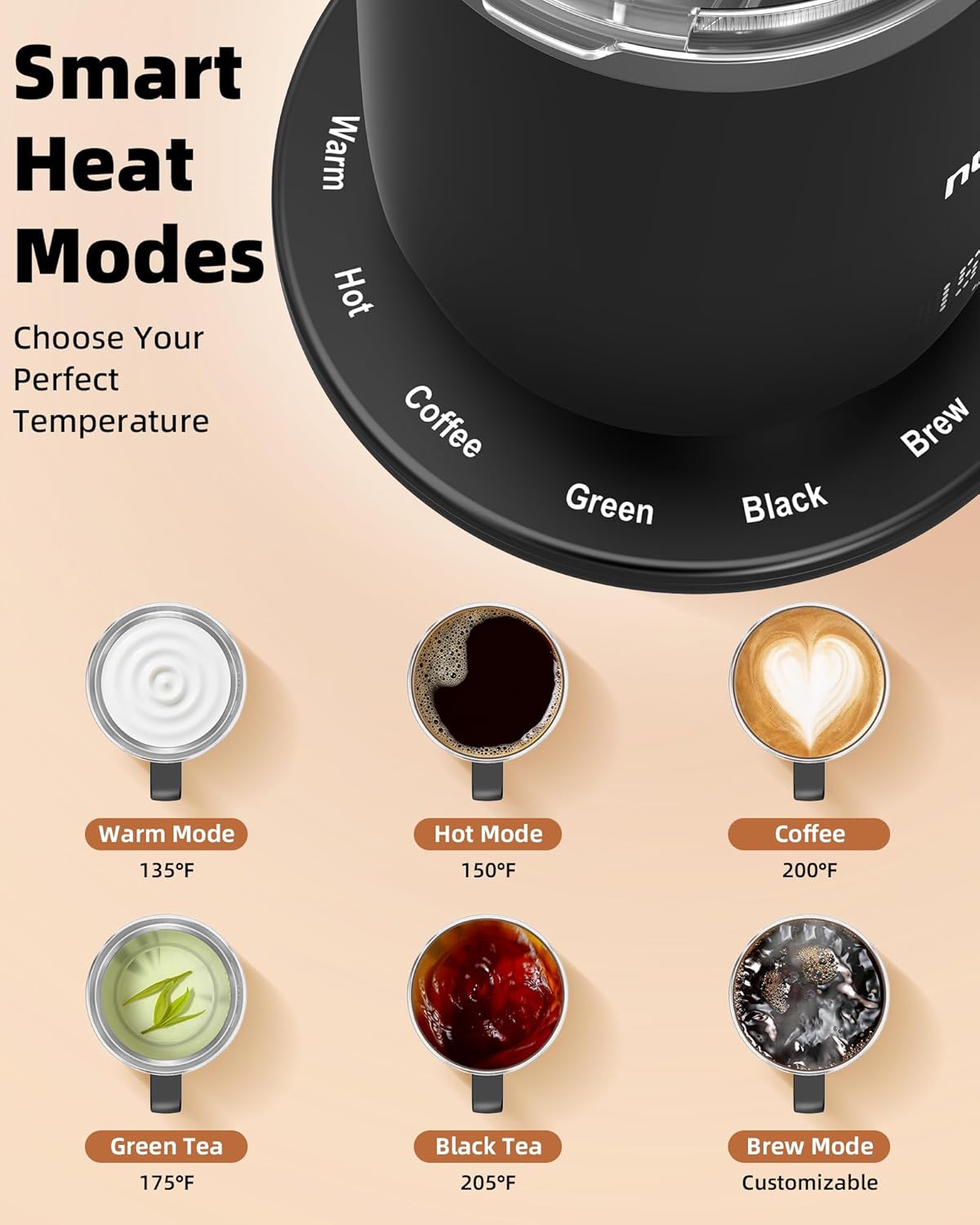 Nuwav Smar Heate Coffe Mu Rechargeable 16o Sel Heatin Temperatur Contro Mu wit LE Display Custo Bre Modes Double-Wal Vacuu Insulation 5-Hou Batter Life Aut Shut-Off