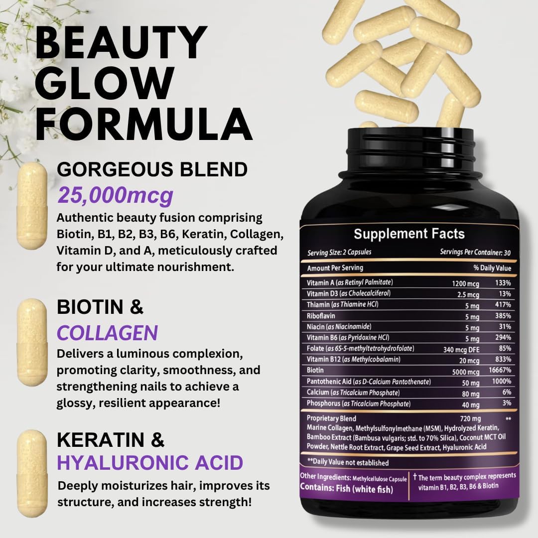 Biotin with Hyaluronic Acid, Collagen and Keratin ¨C 25000 mcg Hair Growth Vitamins for Men and Women ¨C Nails and Skin, USA Made - Third Party Tested, B1, B2, B3, B6, B7 Complex - 60 Capsules
