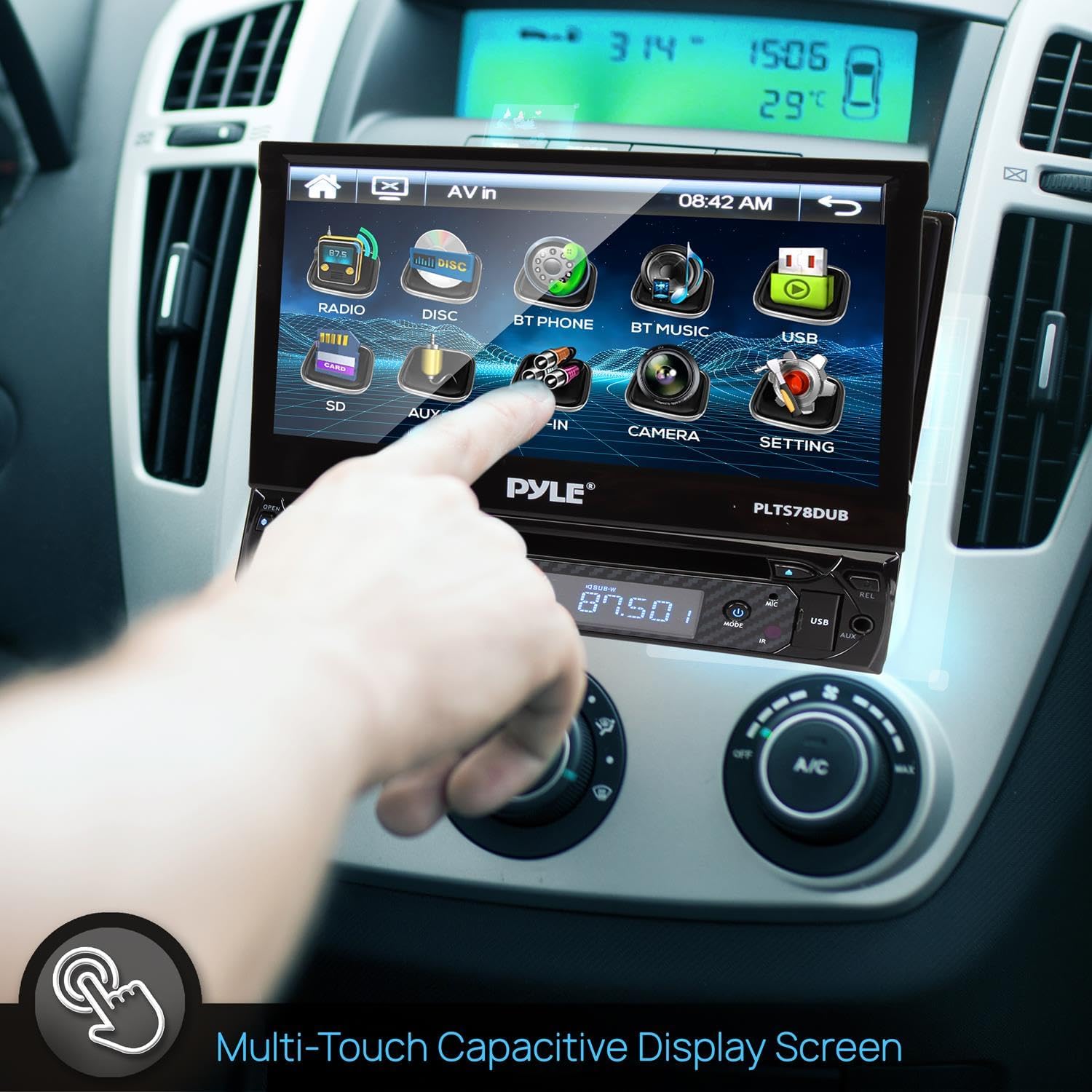 Pyl Singl DI Ca Stere Receive 7inc Touchscree Display CD/DV Player Bluetoot Audi Hands-Fre Calling In-Das Multimedi System AM/F Radio an 320 Powe (PLTS78DUB)