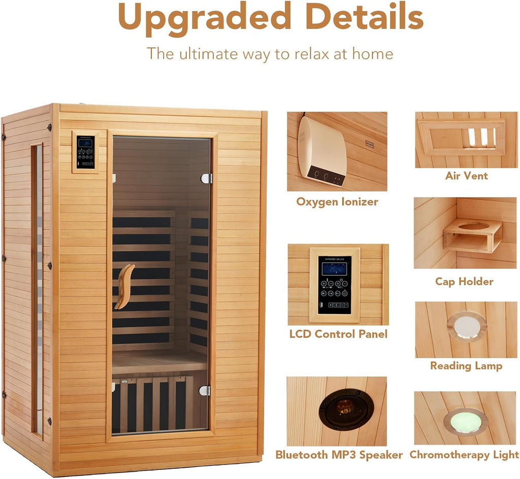 202 Upgrad Perso Sauna Heatin Plat Infrare Physica Therap Woode Dr Stea Sauna Lo EMF MP Auxiliar Connection Dua Control Insid an Outsid Fits Hom Sp Da Use
