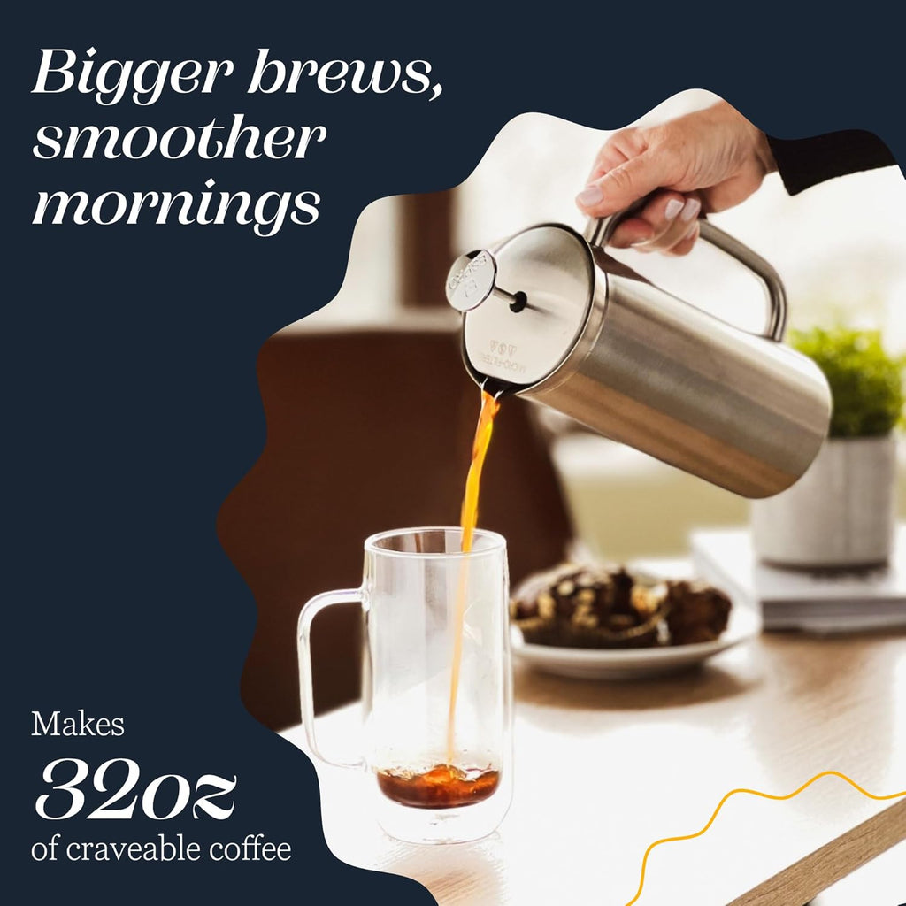 ESPRO P7 Brushed Stainless Steel French Press 304 ¨C Patented Double Walled Micro-Filter Insulated French Press Coffee Maker, Grit-Free Brew - Heat Resistant BPA Free (32oz)