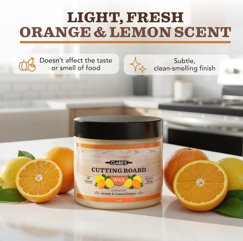 CLARK'S Cutting Board Wax - 2-in-1 Wood Butter & Food Grade Mineral Oil with Beeswax ¨C Butcher Block Conditioner for Cutting Boards ¨C Orange & Lemon Essential Oil Scent ¨C Made in USA, 6oz