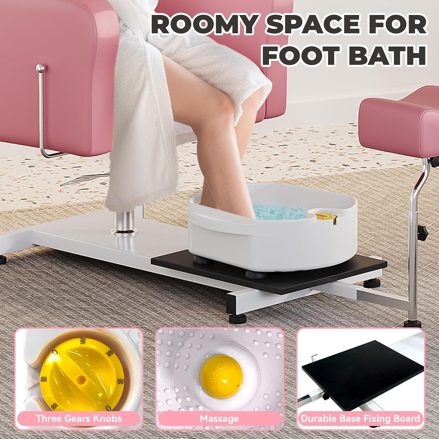 Reclining Pedicure Chair with Stool, Footrest Massage Foot Basin, Height Adjustable Pedicure Unit Station, 360 Swivel Hydraulic Pedi Chair for Foot Bath Pedicure Chairs, Beauty Spa Salon, Pink