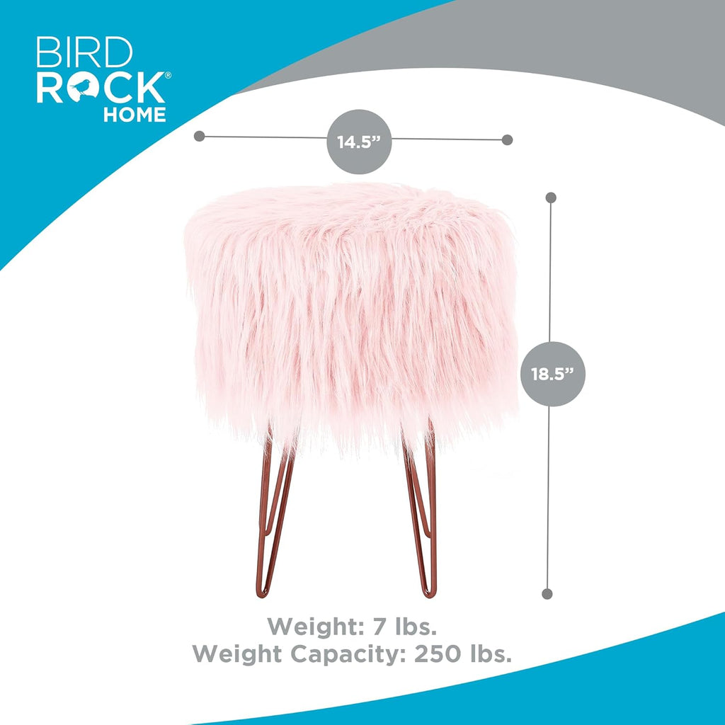 BIRDROCK HOME Pink Faux Fur Vanity Stool Chair - Soft Furry Compact Padded Seat - Vanity, Living Room, Bedroom and Kids Room Chairs - Hair Pin Metal Legs Upholstered Decorative Furniture Foot Rest