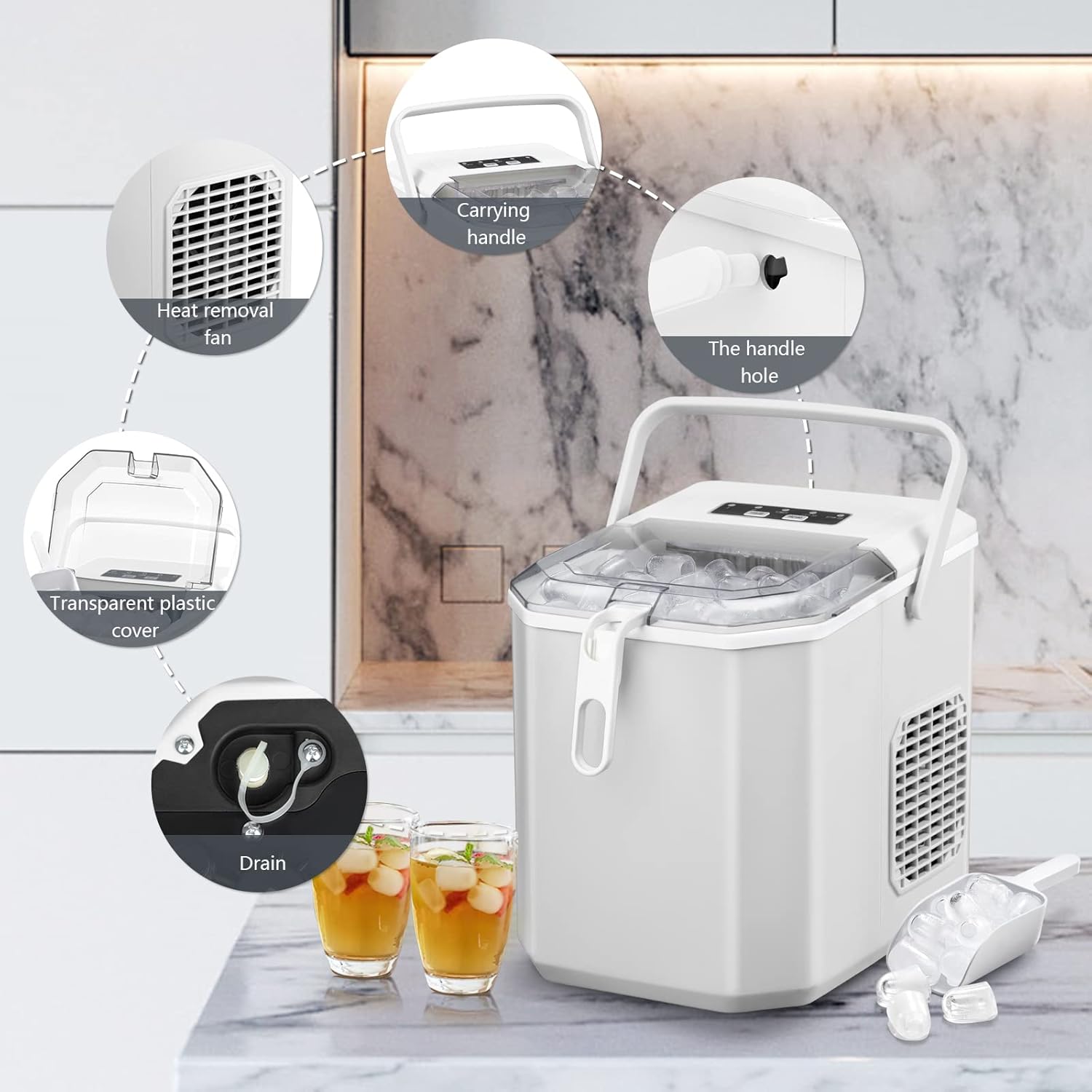 Antarcti Sta Counterto Ic Maker S/ Bulle Ice 28lbs/Day Ic Cube i Mins Portabl Ic Machin wit Ic Scoo an Handle Self-Cleaning One-Clic Operation fo Kitche Offic Hom White