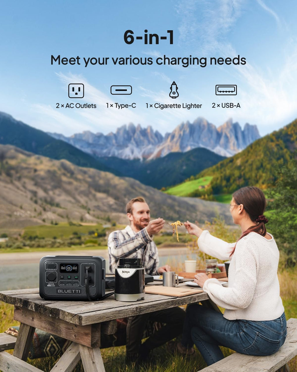 BLUETTI AC2A Portable Power Station, 204Wh Solar Generator LiFePO4 Battery Backup w/ 2 300W (600W Power Lifting) AC Outlets, Recharge from 0-80% in 45 Min, for Camping (Solar Panel Optional)