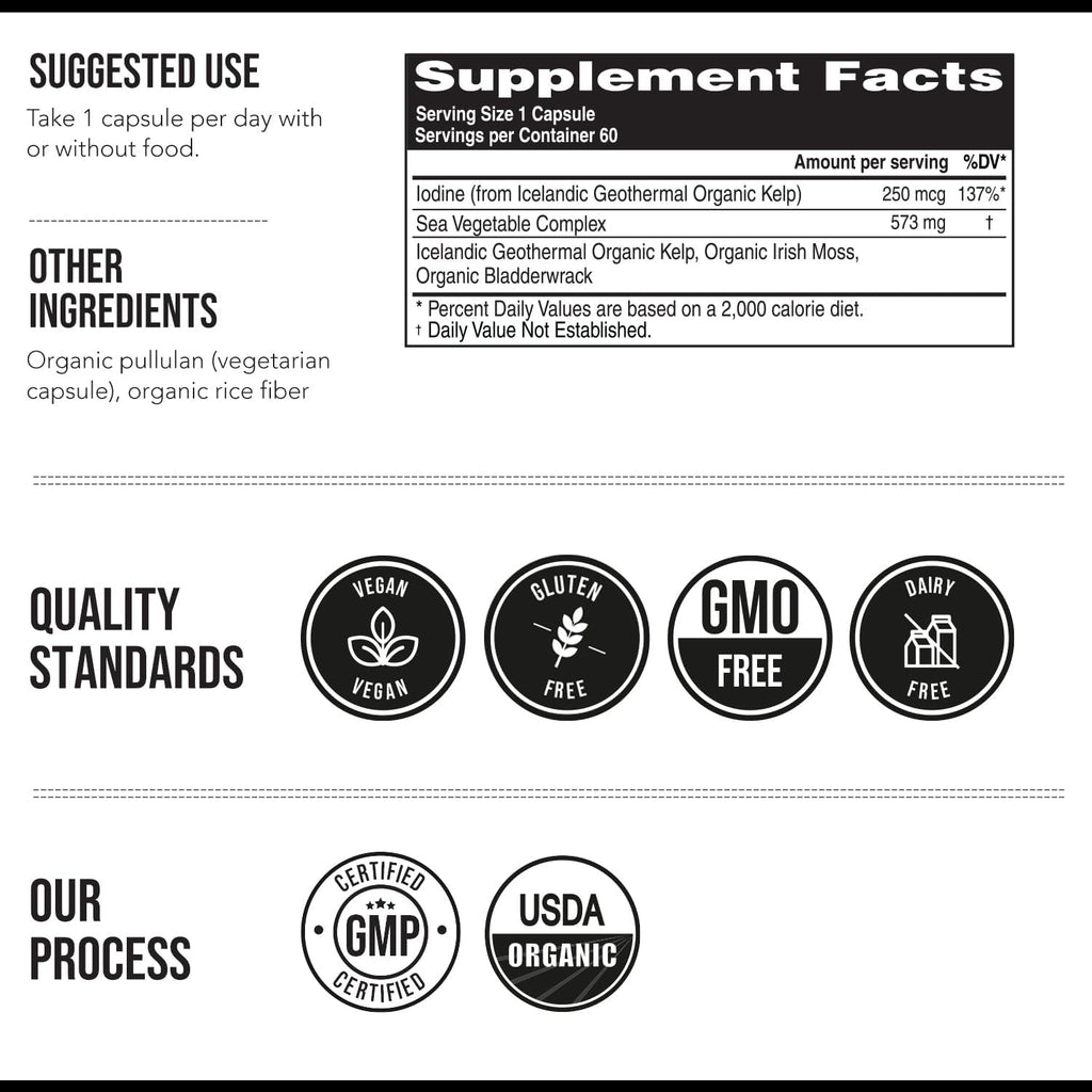 Organic Iodine Supplement from Sea Vegetable Complex, Whole Food & Raw Form - Iodine Plus Trace Mineral Complex ¨C Contains Purest Icelandic Sea Kelp, Irish Moss & Bladderwrack (250 mcg)