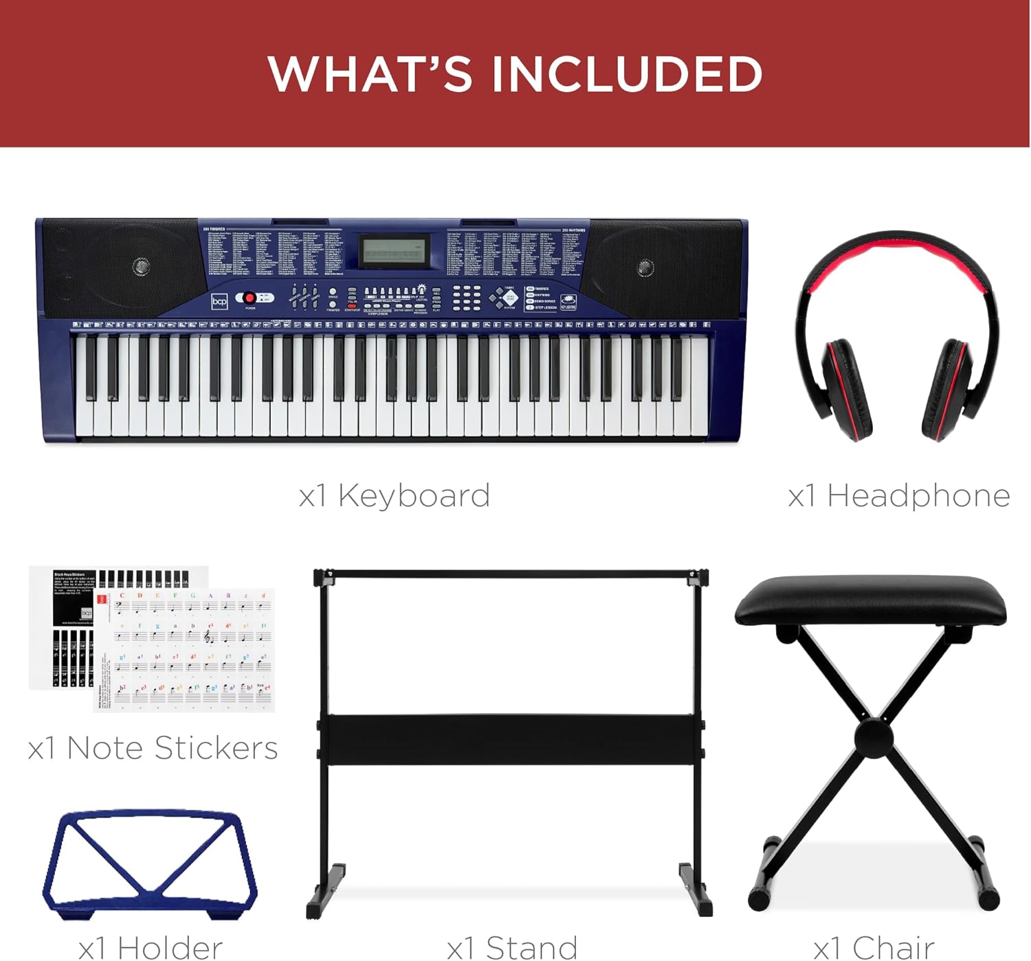 Best Choice Products 61-Key Beginners Complete Electronic Keyboard Piano Set w/Lighted Keys, LCD Screen, Headphones, Stand, Bench, Teaching Modes, Note Stickers, Built-In Speakers - Blue
