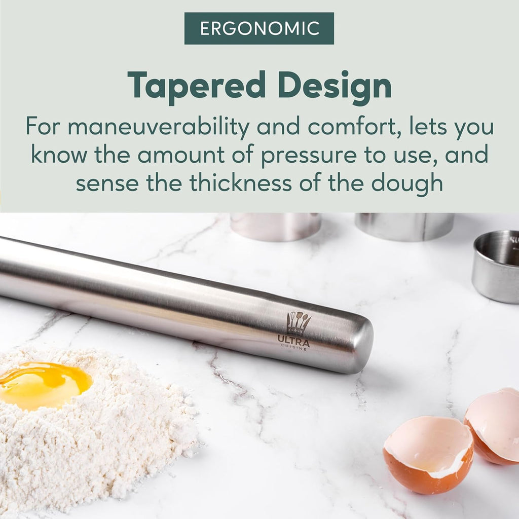 Ultra Cuisine French Rolling Pin for Baking ¨C Use with Pizza, Cookie, and Pastry Dough, Fondant and Pie Crust ¨C Tapered Design Bread Roller Pin, Stainless Steel 15.75-inch Large Roller Pin