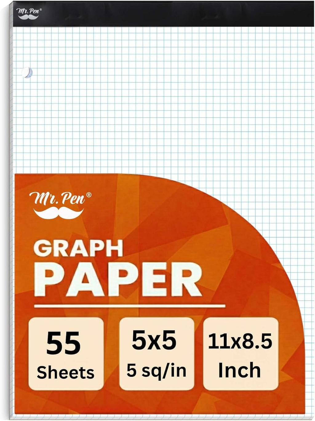 Graph Paper Pad 11inchx8.5inch, 5x5 Quad-Ruled Graph Paper, 5 Squares per Inch, Grid Paper Pad, 3-Hole Punched, 11 Inch x 8.5 Inch, 55 Sheets, White