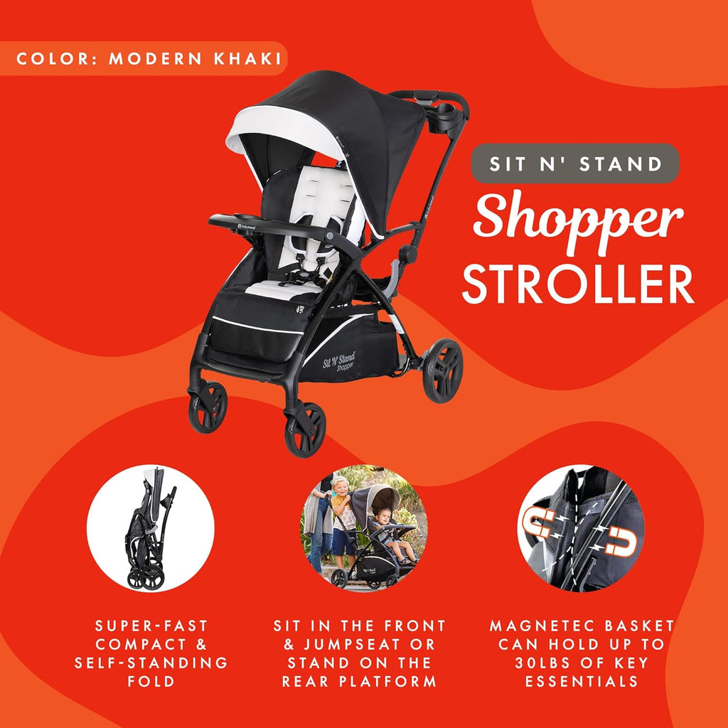 Baby Trend Sit N' Stand 5-in-1 Collapsible Shopper Stroller with Canopy, Visor, Extendable Storage Basket, Phone Tray, and 2 Cup Holders, Modern Khaki