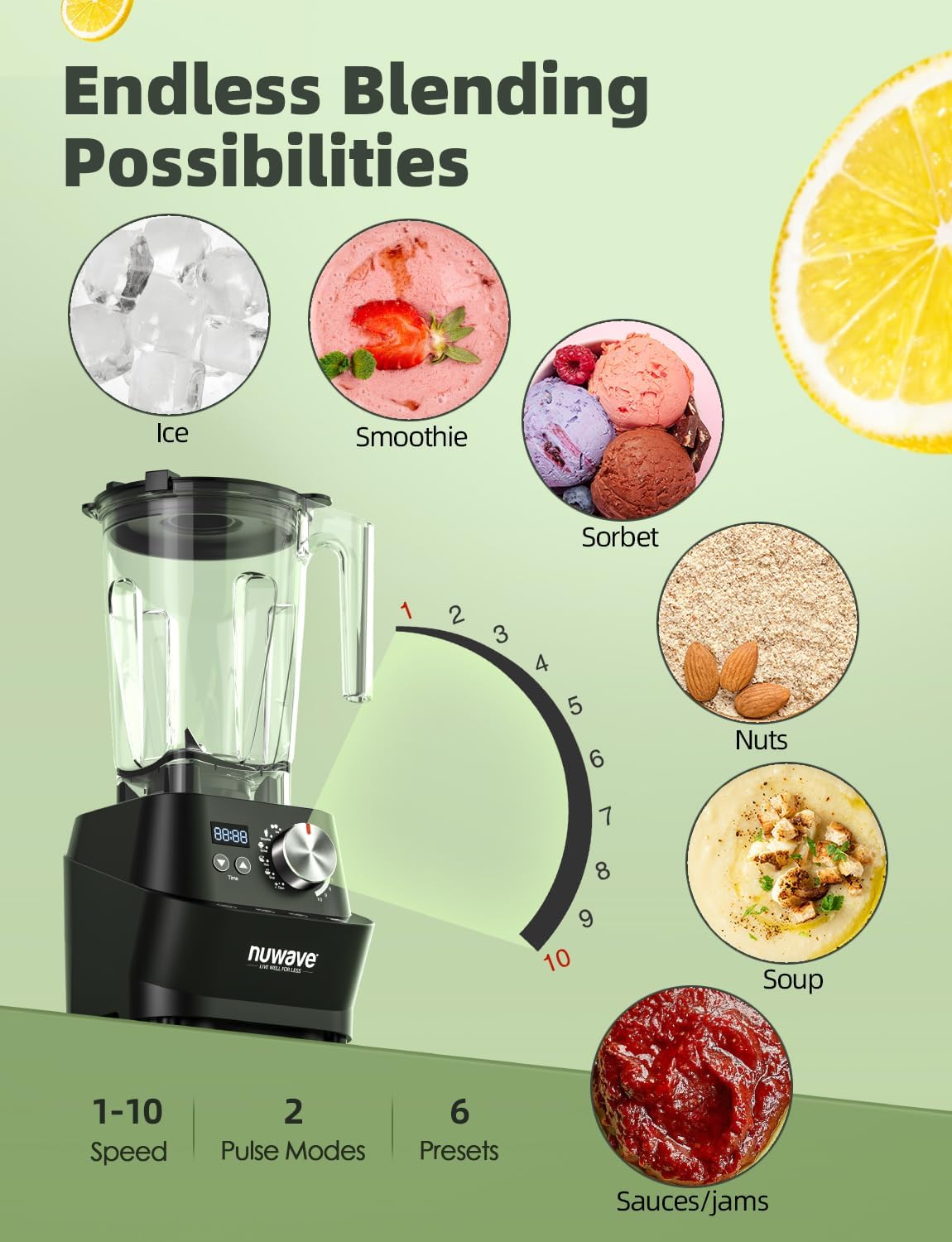 Nuwav Infinit Commercia Blender Heavy-Dut Smoothi Blende w 2.5H Coppe Moto Laser-Cu Blades Las 10 Years Quic Ic Crushing 64o Trita Jar NS Certified 1 Speeds Self-Cleaning