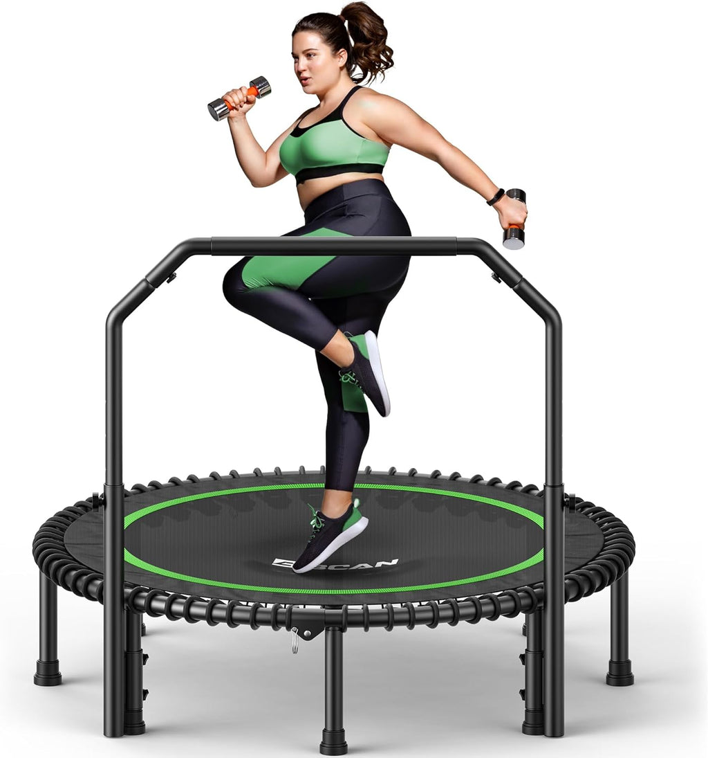 BCAN 40inch/48inch Mini Rebounder Trampoline for Adults with Bar, 450/550LBS Fitness Trampoline with Bungees, Adjustable Handle, Stable Quiet, Indoor Outdoor, Whole-Body Workout Relaxation at Home