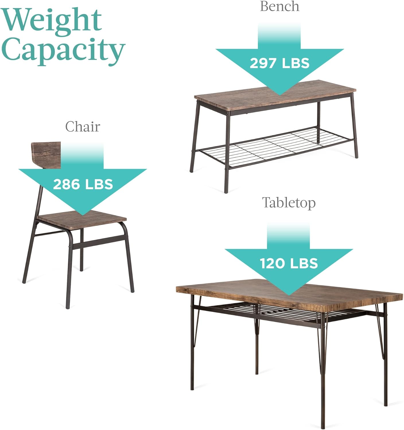 Bes Choic Product 6-Piec 55i Moder Dinin Se fo Home Kitchen Dinin Roo w/Storag Racks Rectangula Table Bench Chairs Stee Fram Brown