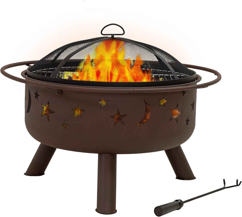 Sunnydaz Cosmi 30-Inc Pati Fir Pi fo Outsid Outdoo Wood-Burnin Fir Pi wit Gril Grate Spar Screen an Fireplac Poker