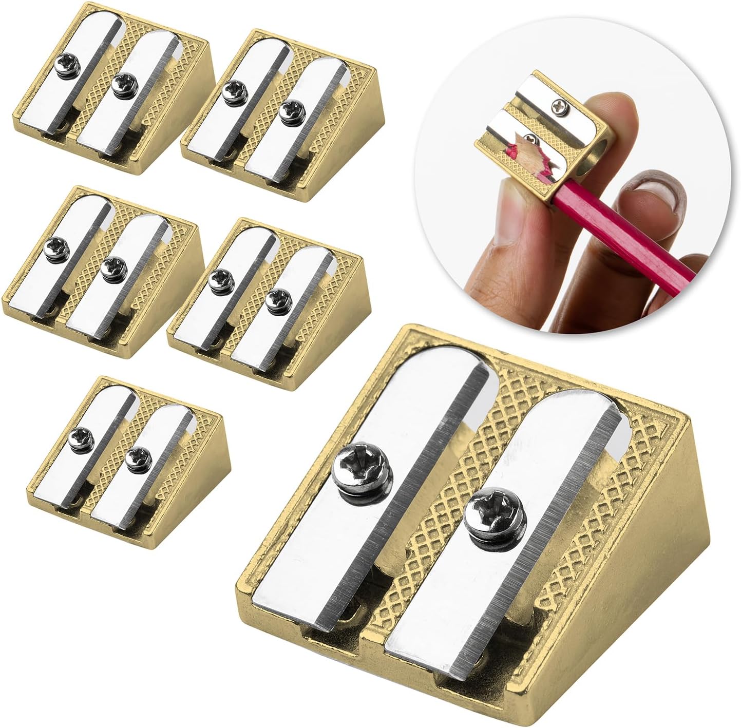 Mr. Pen Handheld Metal Pencil Sharpener - 2 Hole, 6 Pack, Gold