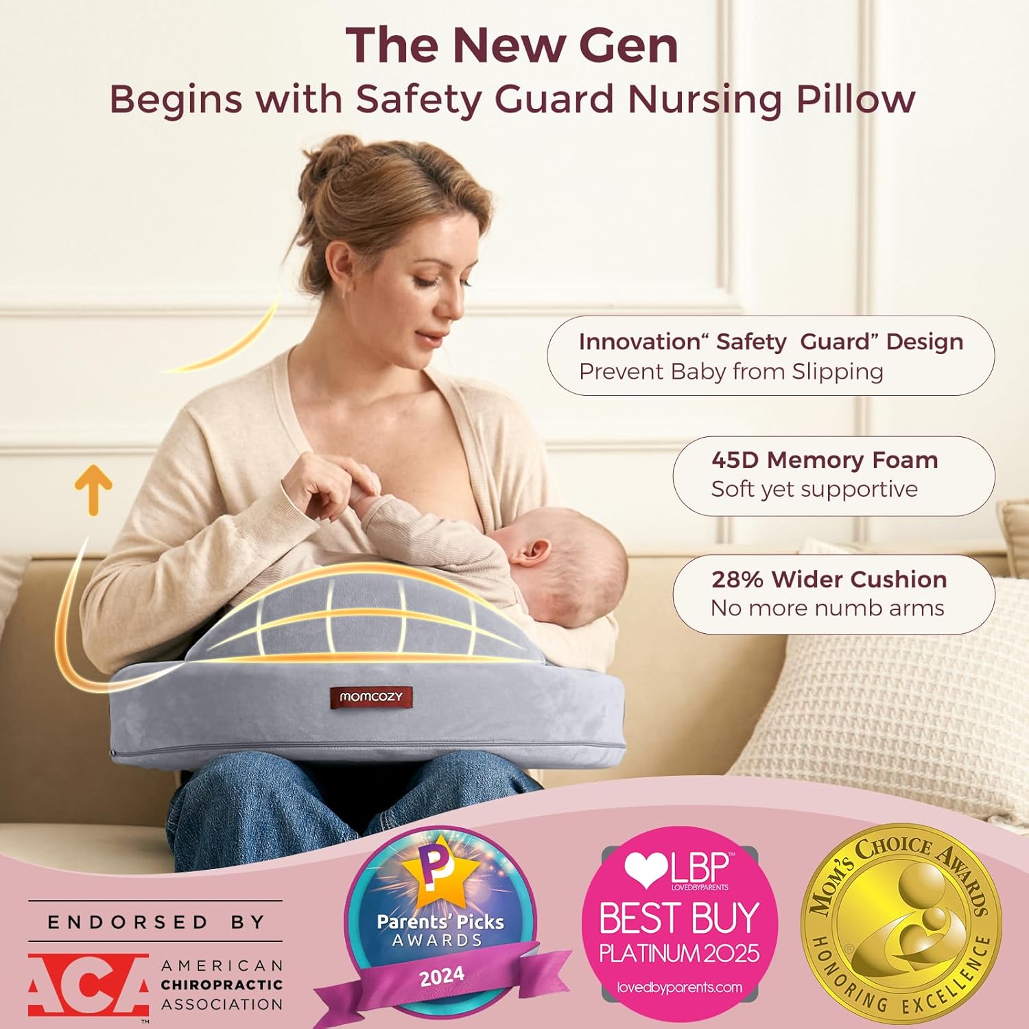 Momcozy Innovative Safety Fence Nursing Pillow - Firm Springy Memory Foam - Stable, Ergonomic Support Comfort - Wider Breastfeeding Cushion, Adjustable, Removable Cover, Baby Safety Certified