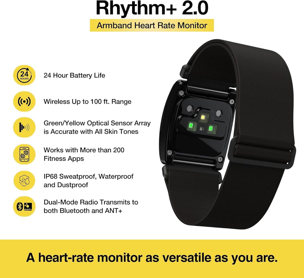 Rhythm R+2.0: Advanced Waterproof Dustproof Heart Rate Monitor Armband with ANT+ BLE Bluetooth Smart for Accurate Workout Tracking Compatible with Smartphones, Wahoo, Peloton, NordicTrack