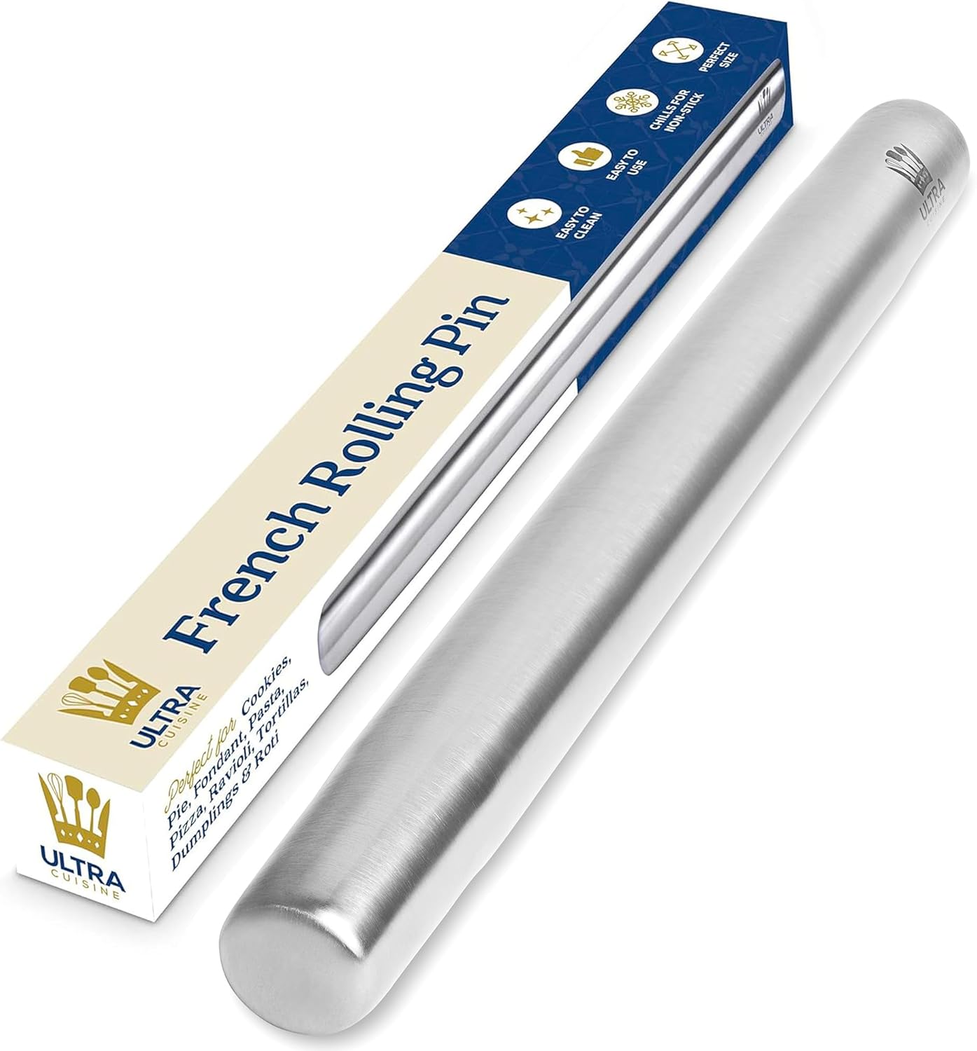 Ultra Cuisine French Rolling Pin for Baking ¨C Use with Pizza, Cookie, and Pastry Dough, Fondant and Pie Crust ¨C Tapered Design Bread Roller Pin, Stainless Steel 15.75-inch Large Roller Pin
